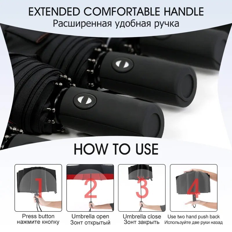 Strong Windproof Stick Compact Umbrella for Rain, One-Click Automatic Open and C