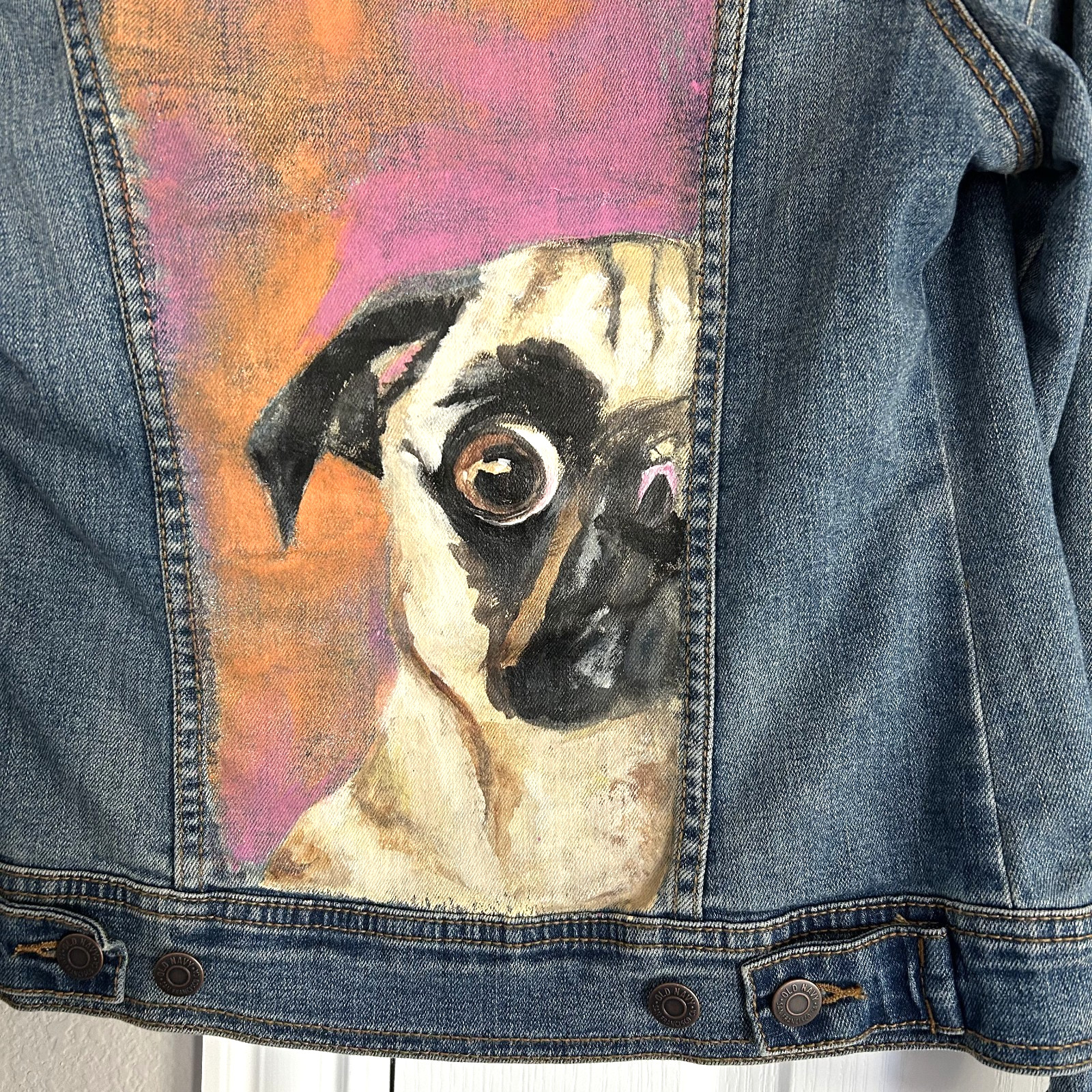 Hand Painted Pug Dog Jean Jacket Womens XS Denim Art to Wear OOAK New w/Tags