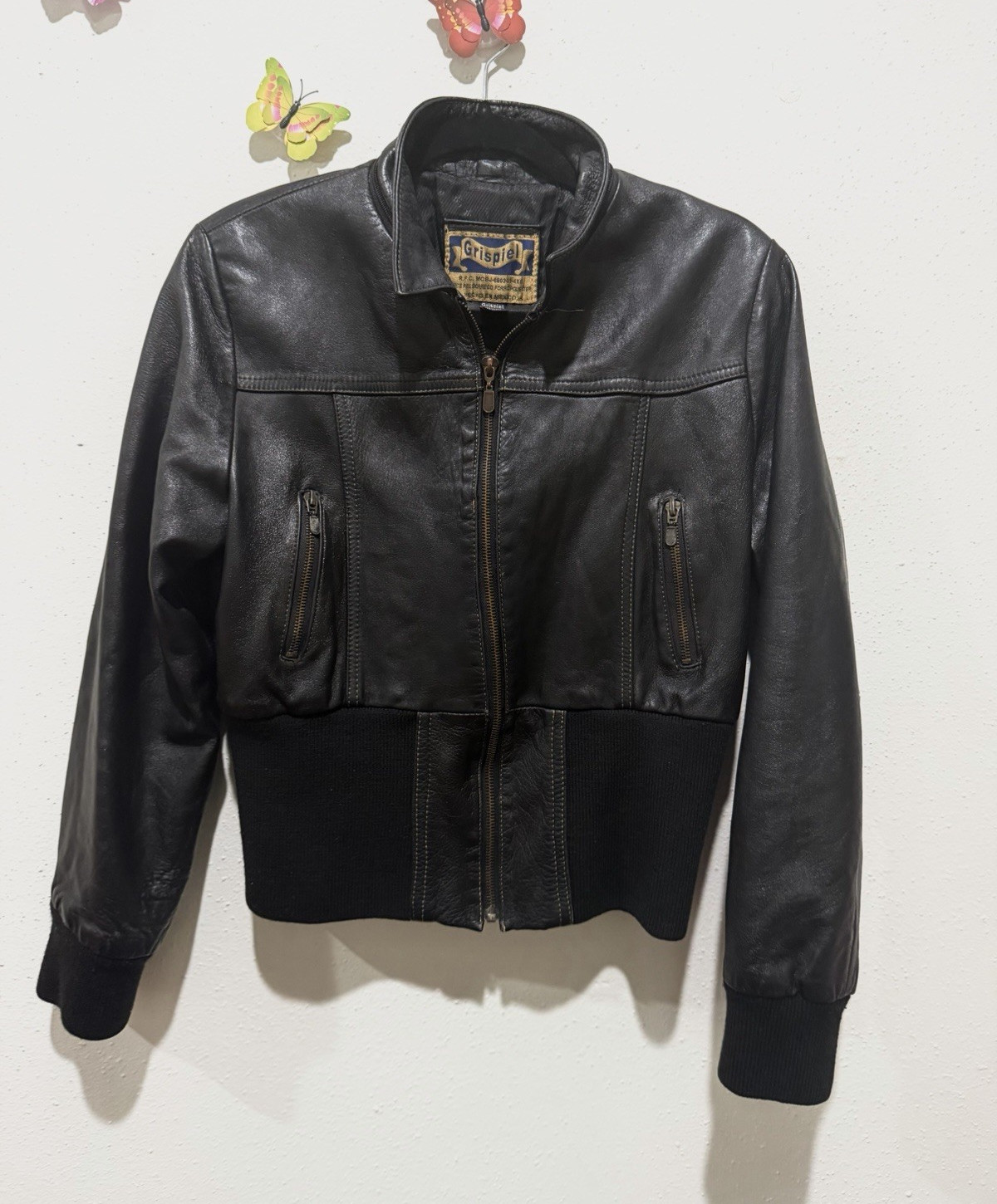 Women’s Vintage Grispiel Genuine Lambskin Leather Bomber Jacket Black Size L.