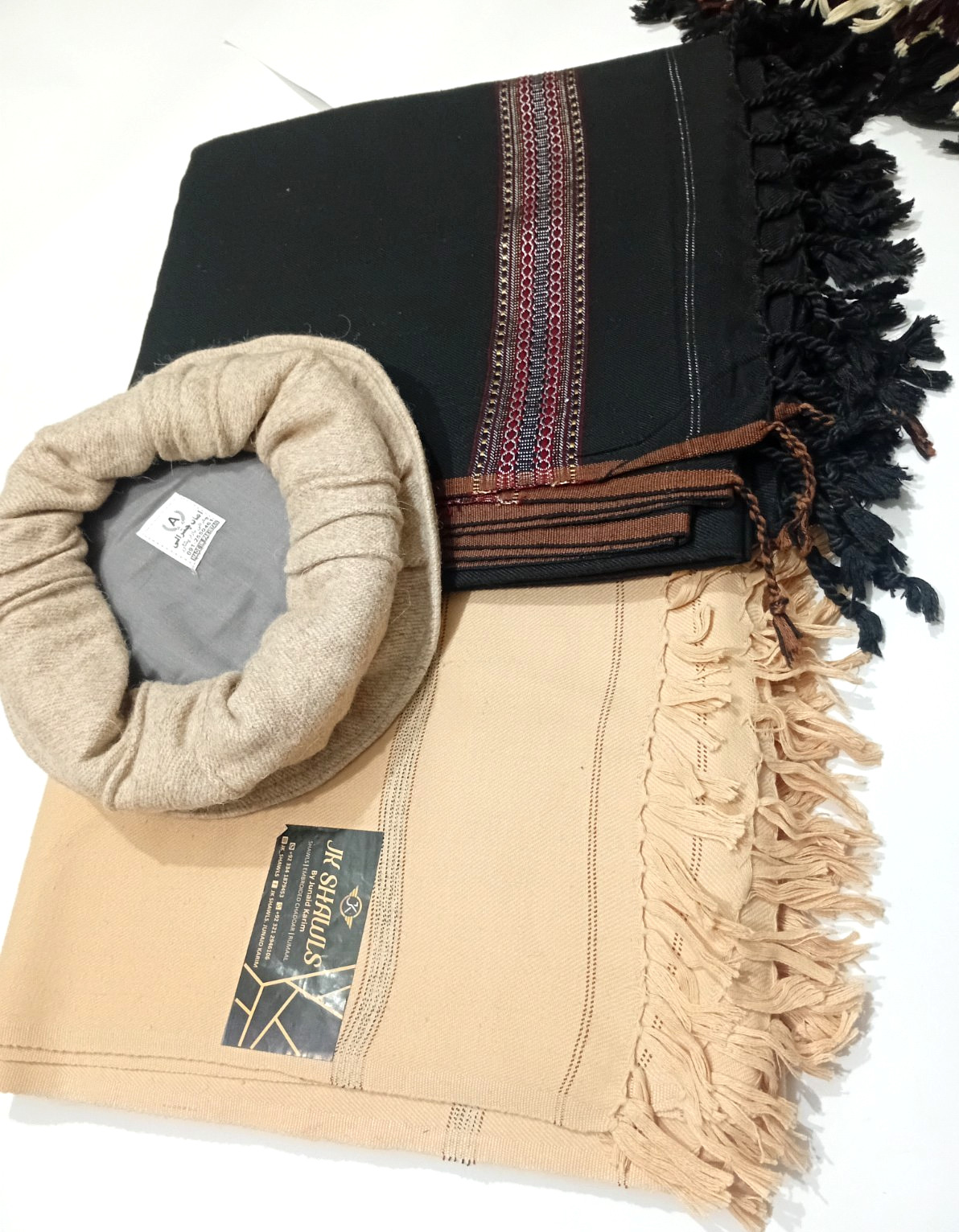 Handmade Afghan Pakol Cap with 2 Wool BLACK Shawls AND OFF WHITE SHAWL FREE HAT