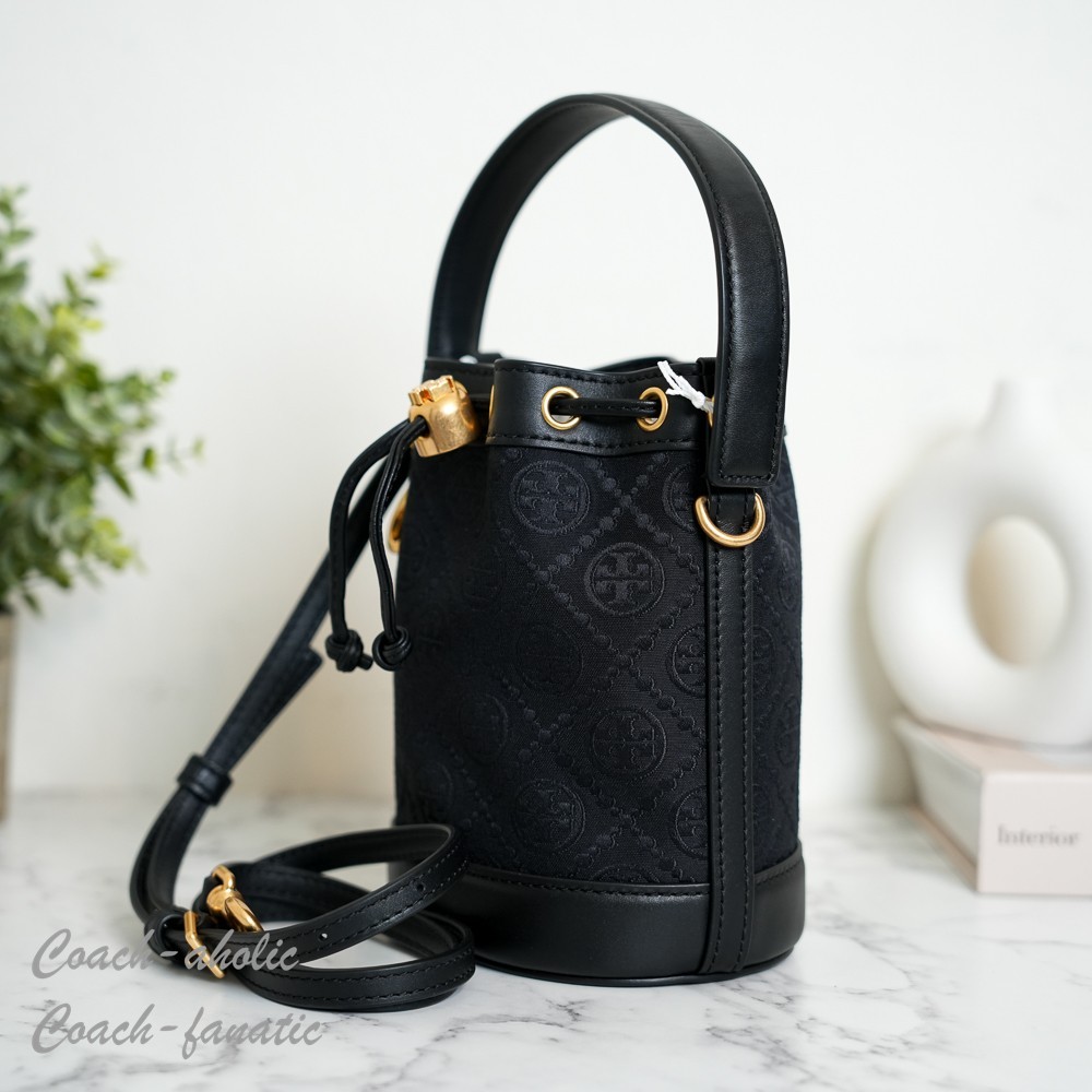Tory Burch T Monogram Mini Bucket Bag Crossbody in Black NWT