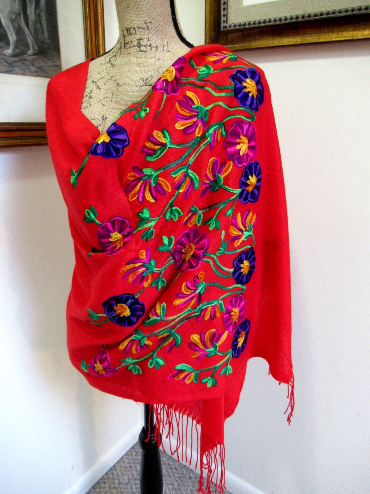 MEXICAN EMBROIDERED SOFT FRINGED SHAWL REBOZO WRAP 76 X 28 – MADE in MEXICO
