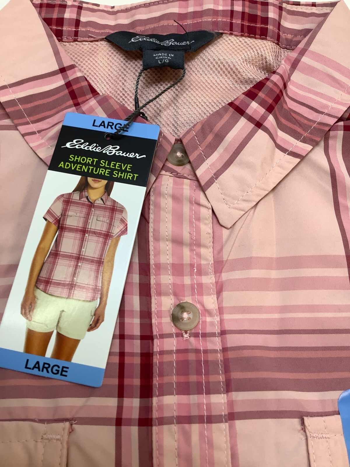 Eddie Bauer Ladies Short Sleeve Adventure Top, Large, Peach Starling Plaid