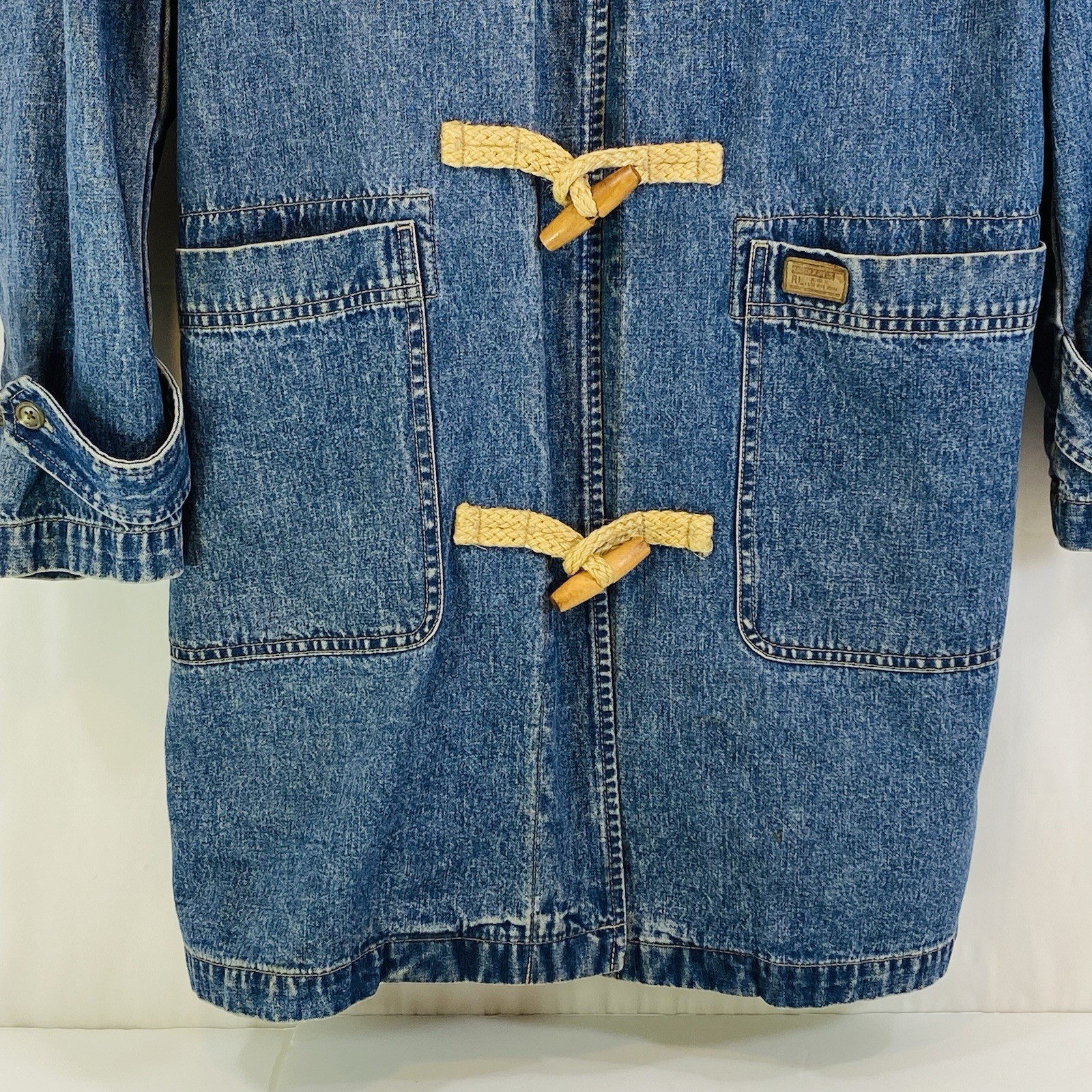 Vintage Ralph Lauren Denim Hooded Duster Jacket Chore Coat Toggle Womens M