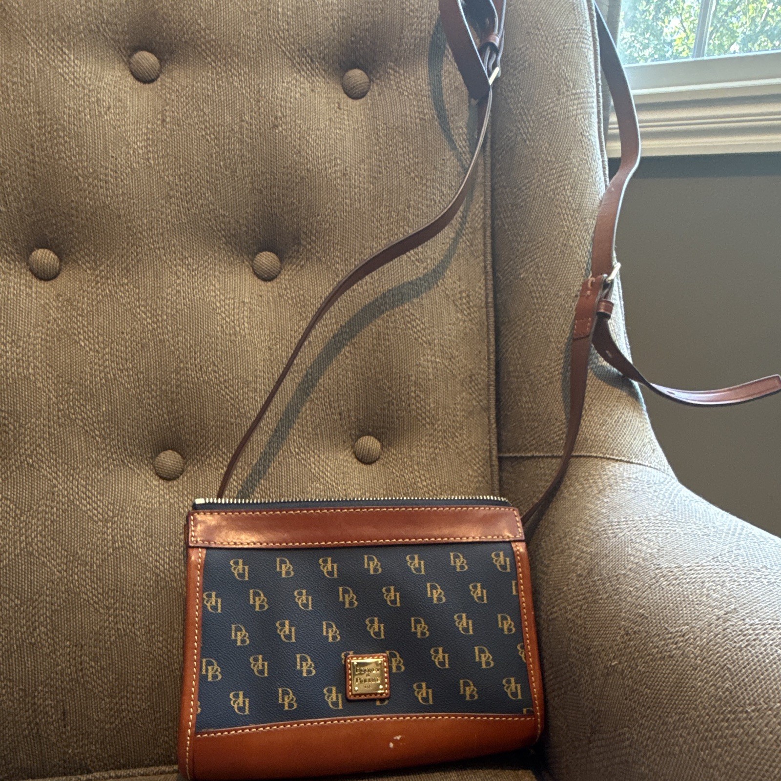 Dooney & Bourke Navy/Brown Monogram Zip Crossbody, Adjustable Strap, Pockets