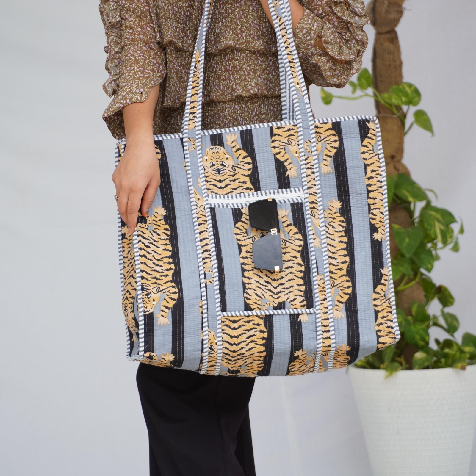 Handmade Cotton Tote Bag Grey Black Tiger Print Boho Shoulder Shopper Bag