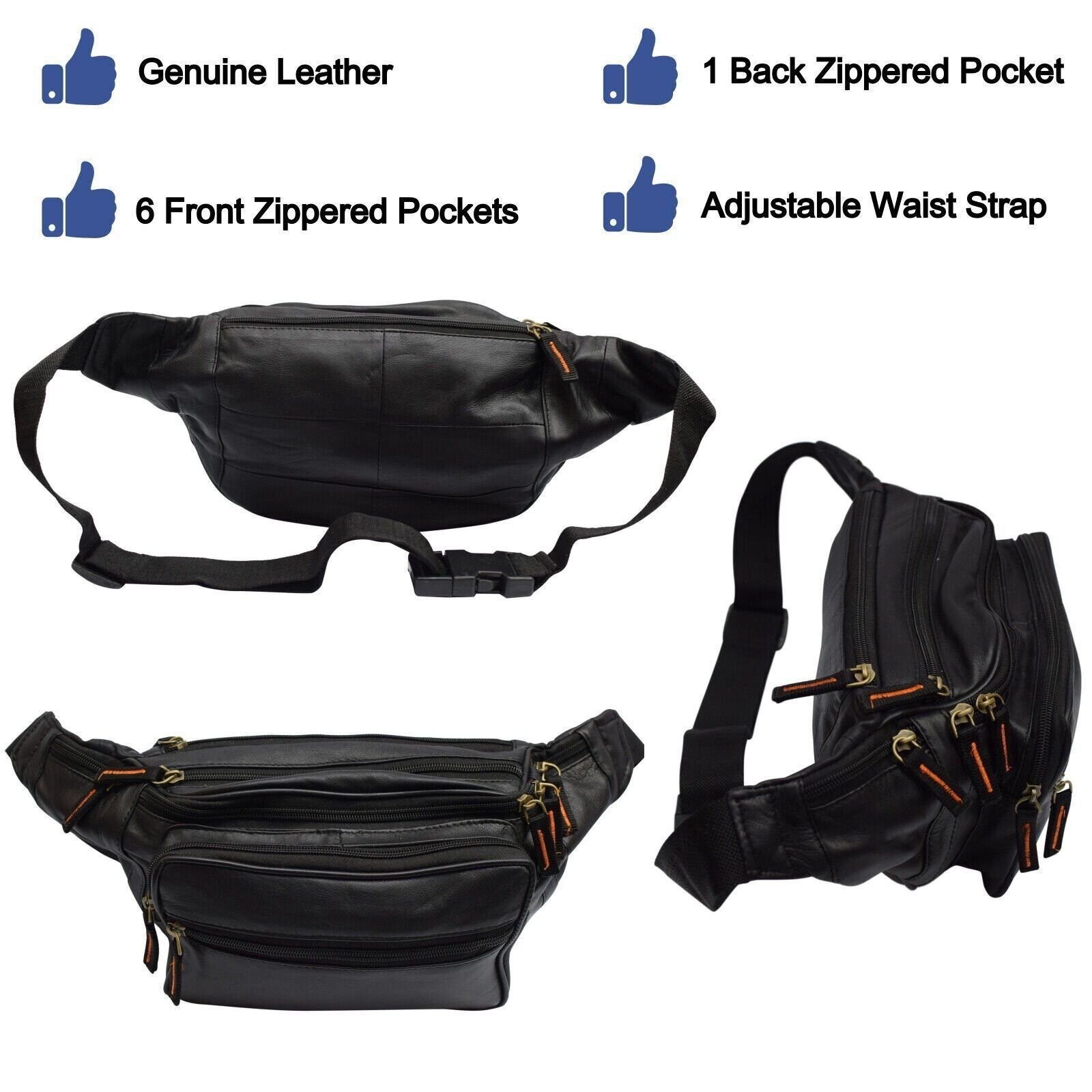 Black Genuine Leather Fanny Pack Large Multi Zippered Waist Bag Design Hip Purse