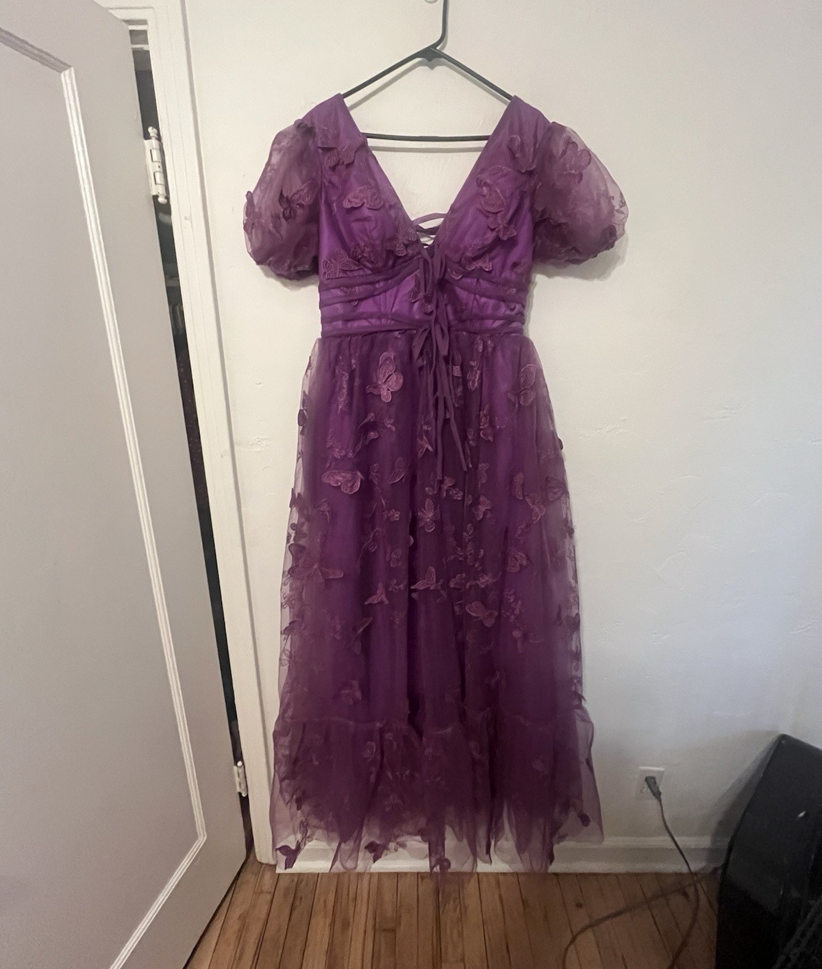 Purple Floral Tulle V-Neck Puff Sleeve Midi A-Line Dress Lace-Up Sheer L