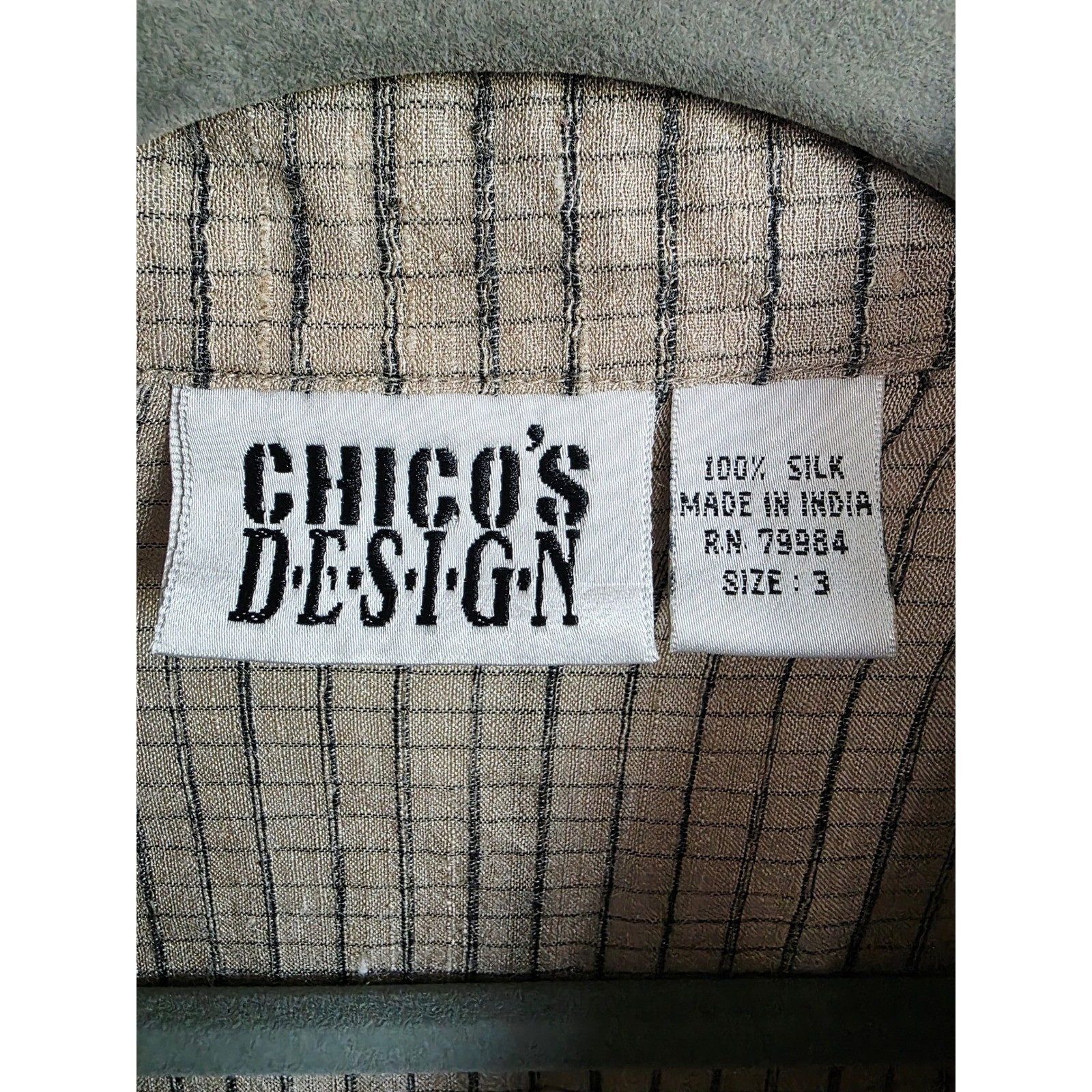 Chicos Design 3 Vintage 100% Silk Grid Long Tunic Shirt Tan Black Womens XL