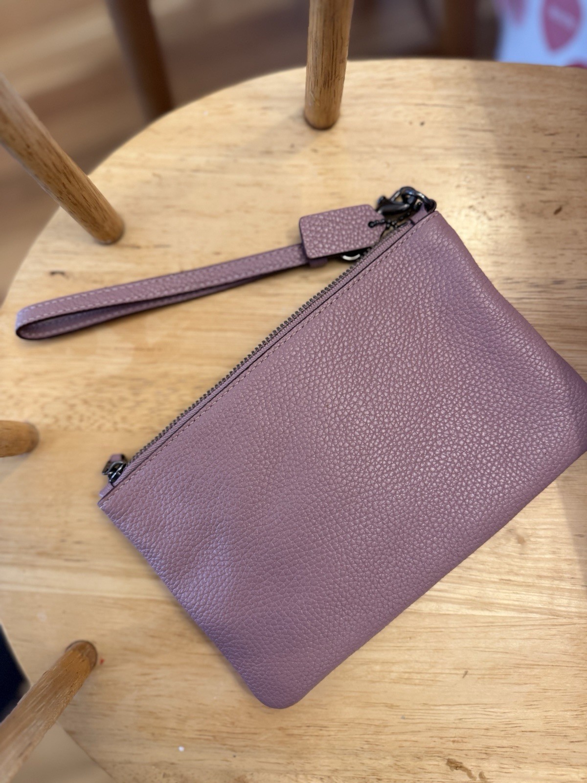Coach Mauve Pebbled Wristlet with Hot Stamped Custom Initials, Logo, Zip Closure