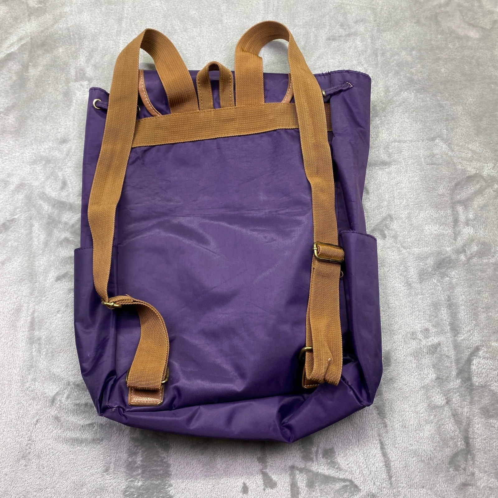 Ellen Tracy Purple Nylon Backpack with Brown Faux Leather Trim Buckle Closures