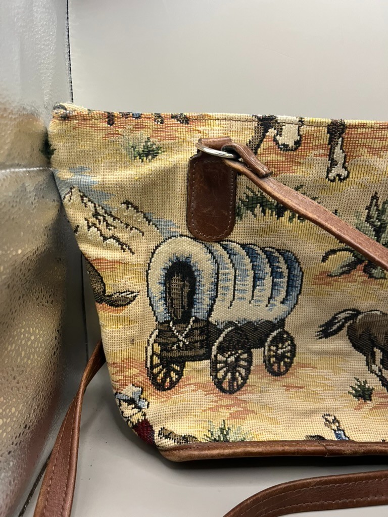 Vintage Horse Tapestry Purse Bag Staps Silver Buckle Wolf Cowboy Shoulder Bag