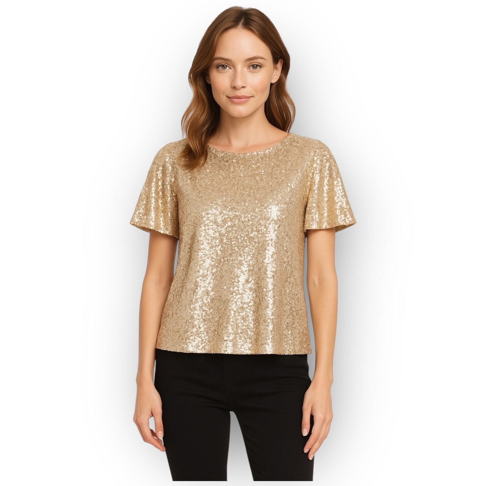NWT Hilary Radley Sequin Short Sleeve Top – Size XS – Champagne