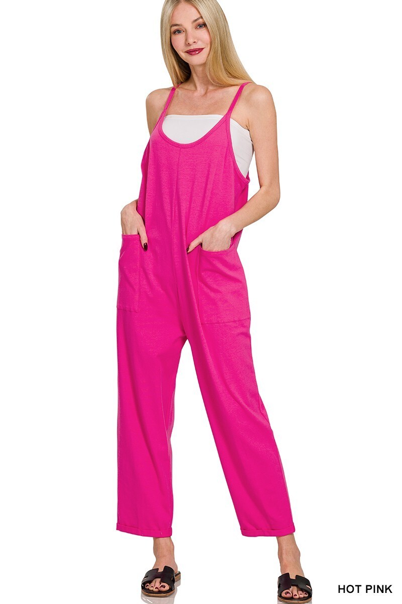 Fushia Cotton Jumpsuit w/ Pockets by Zenana Spaghetti Strap Overalls