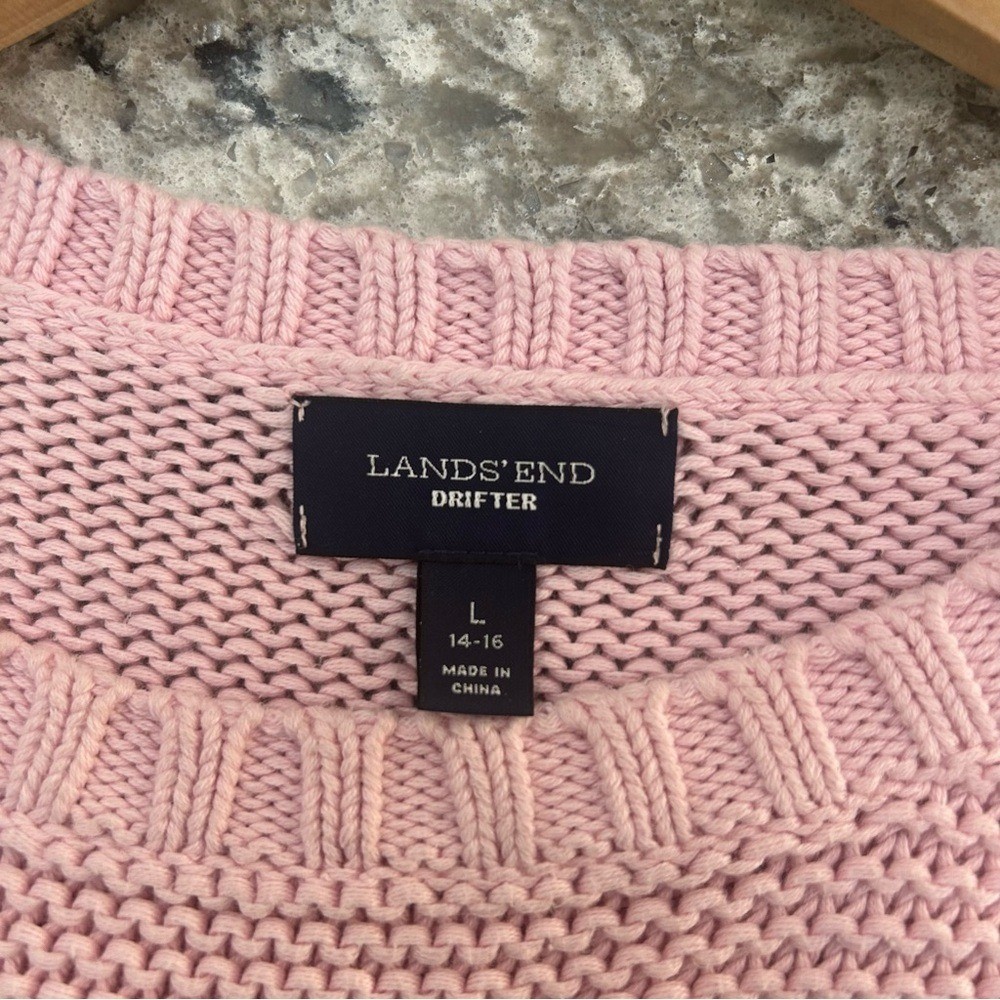 Lands’ End Drifter Cable Knit Sweater Pink 100% Baumwolle Cotton Warm Large