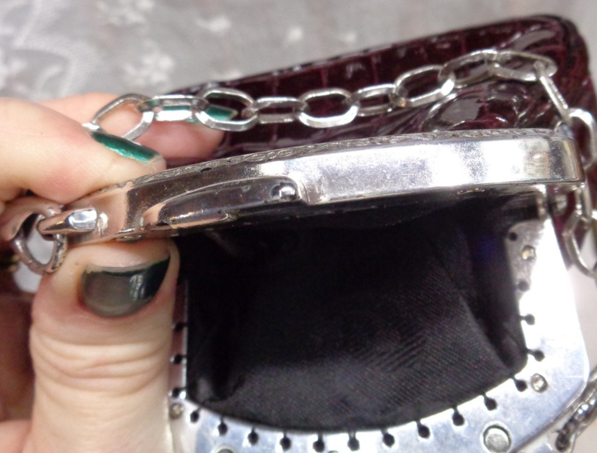 BRIGHTON Burgundy Dark Red Croc Accent Kisslock Short Chain Mini Purse