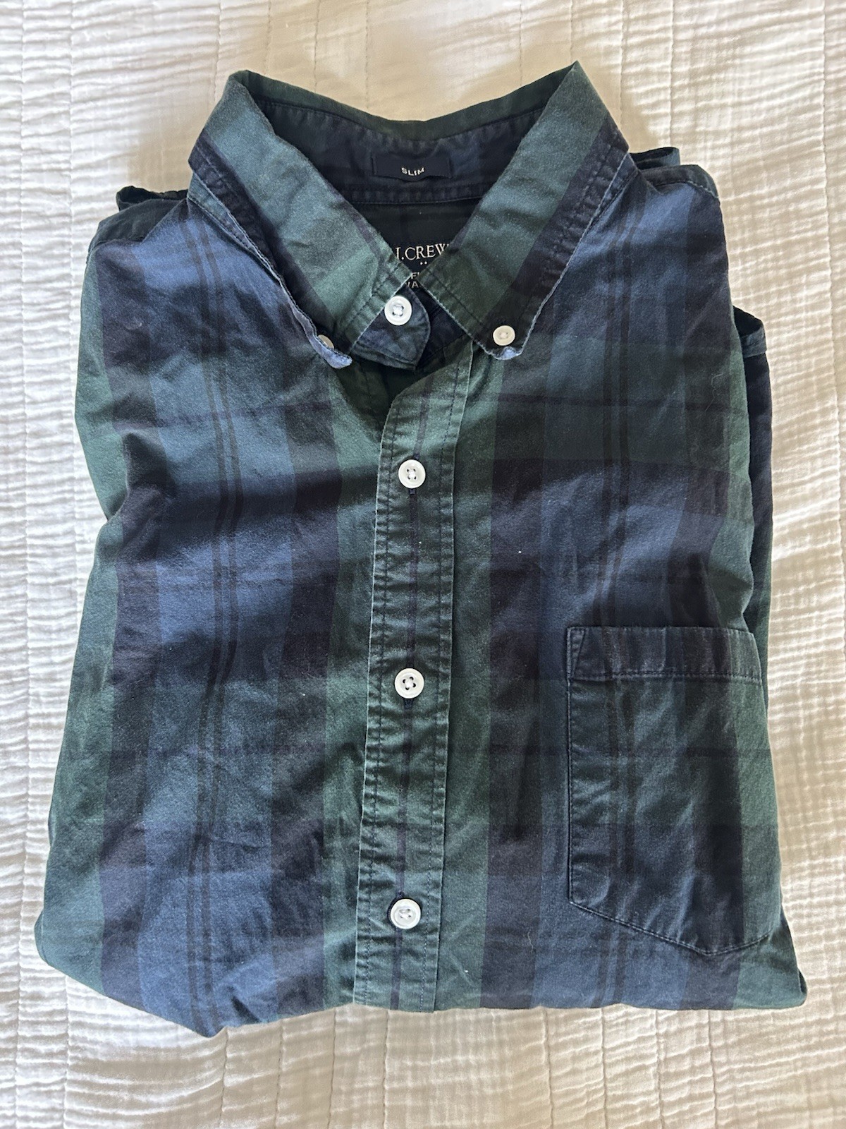 J Crew Factory Navy Green Plaid Flex Washed Slim Fit Button-Down Shirt – Men’s L