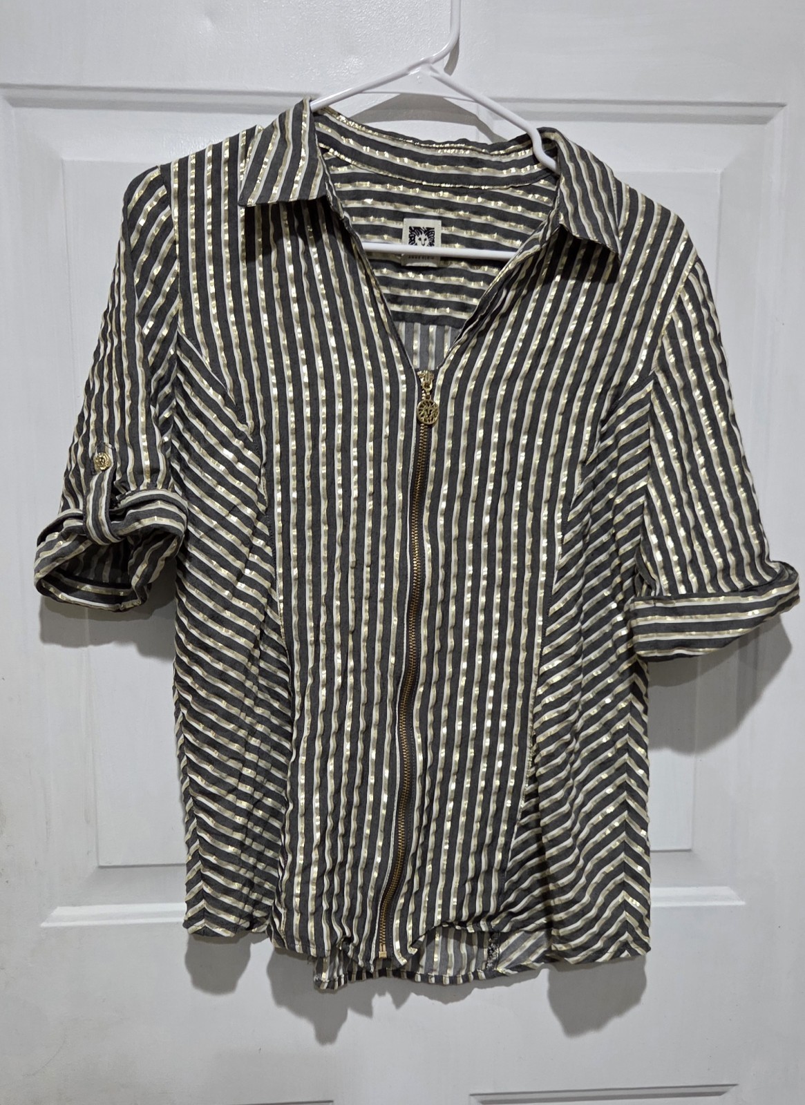 Anne Klein Metallic Gold W/ Gray Stripes Zip Up Front 3/4 Sleeve Shirt Women M