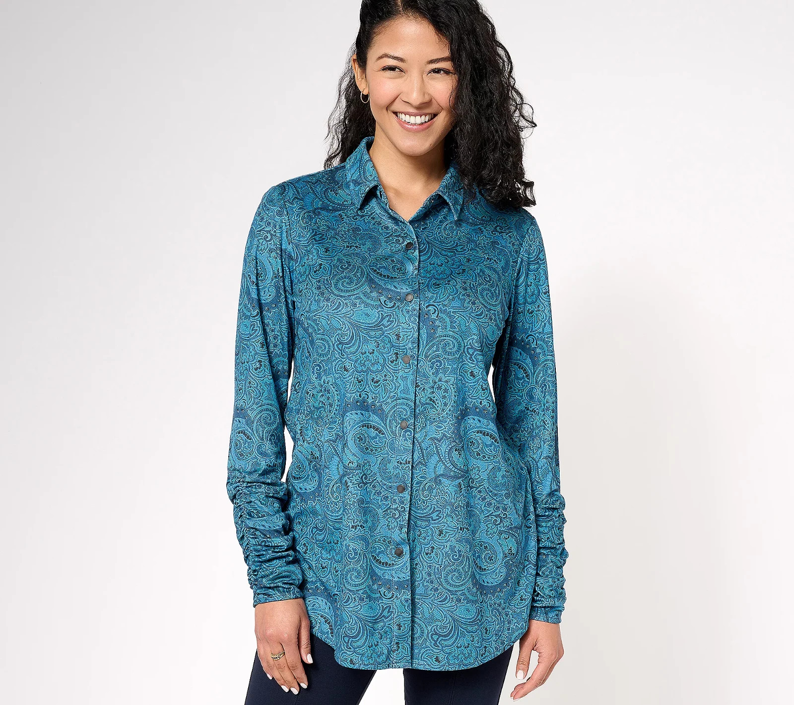 #285 Susan Graver Reg Printed Faux Suede Knit Long-Sleeve Shirt Size S