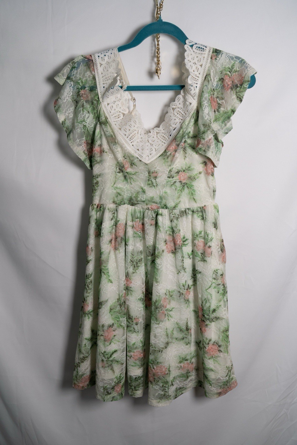 Princess Womens S White Green Pink Floral Lace Square Neck Flutter Sleeve Short