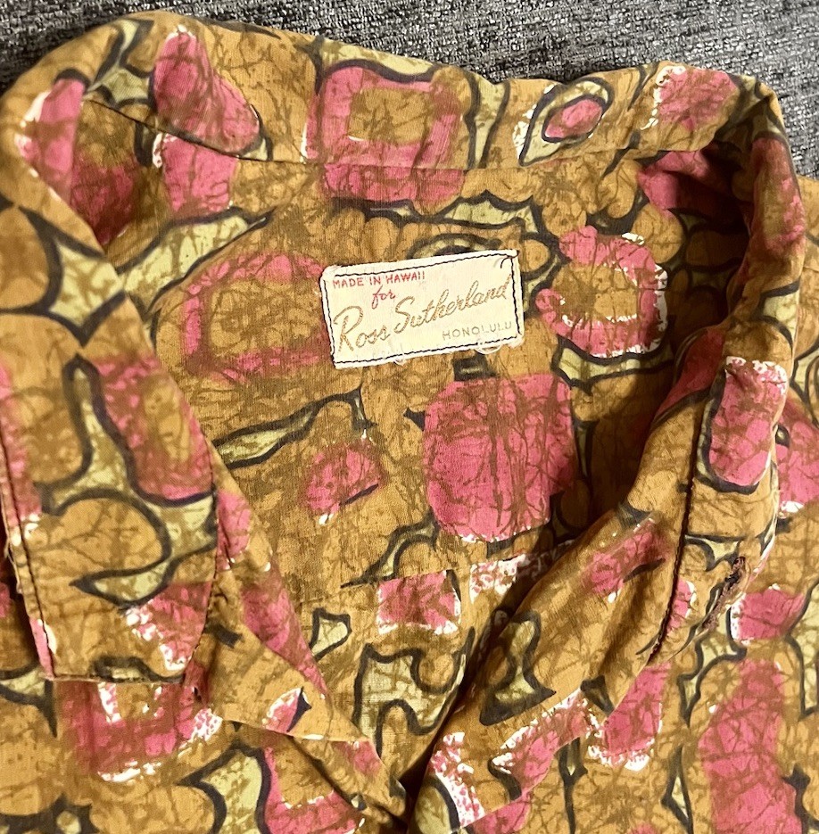 VTG 1950’s Ross Sutherland Made Hawaii Poly LONG SLEEVE SHIRT XL Brown/Pink