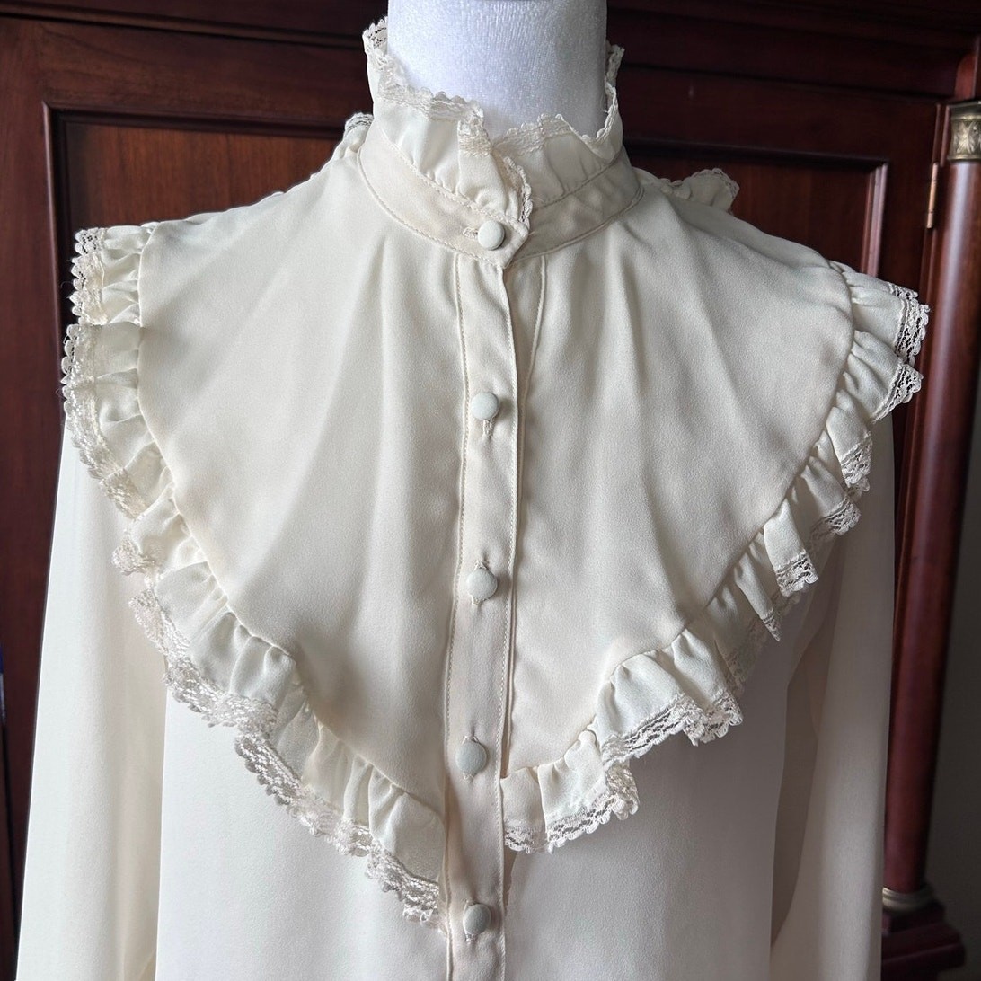 Vintage Alberto Capraro Ivory Ruffle Lace Blouse Size 8 Victorian Revival