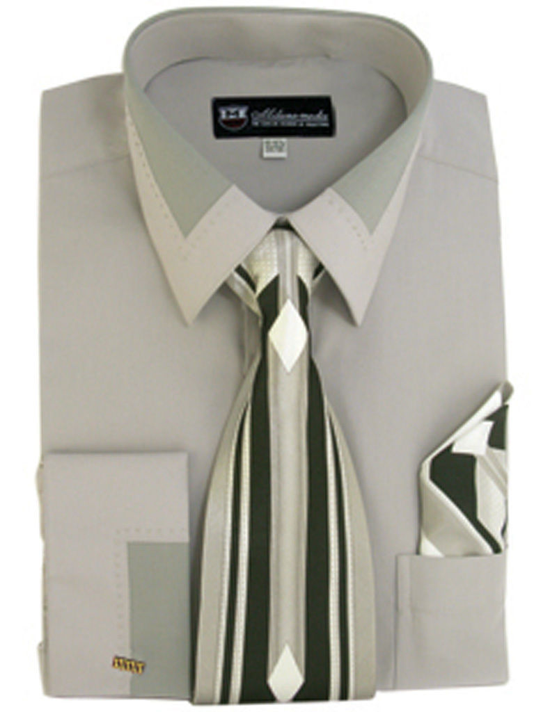 Men’s Unique design French Cuff Dress Shirt Accent Collar With Tie & Hanky SG34