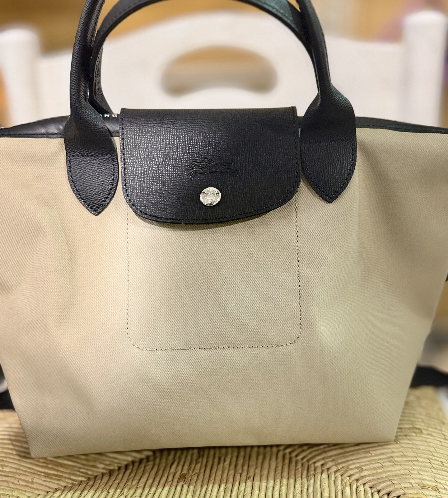 Longchamp Le Pliage Beige Tote Black Leather Trim Zip Snap Detachable Strap