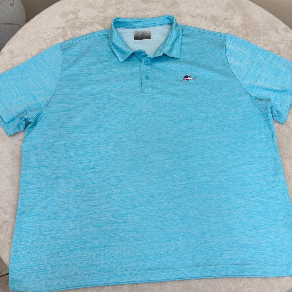 Ocean Coast Men’s Golf Polo Shirt 2XL Light Blue Heather Fish Flag Logo