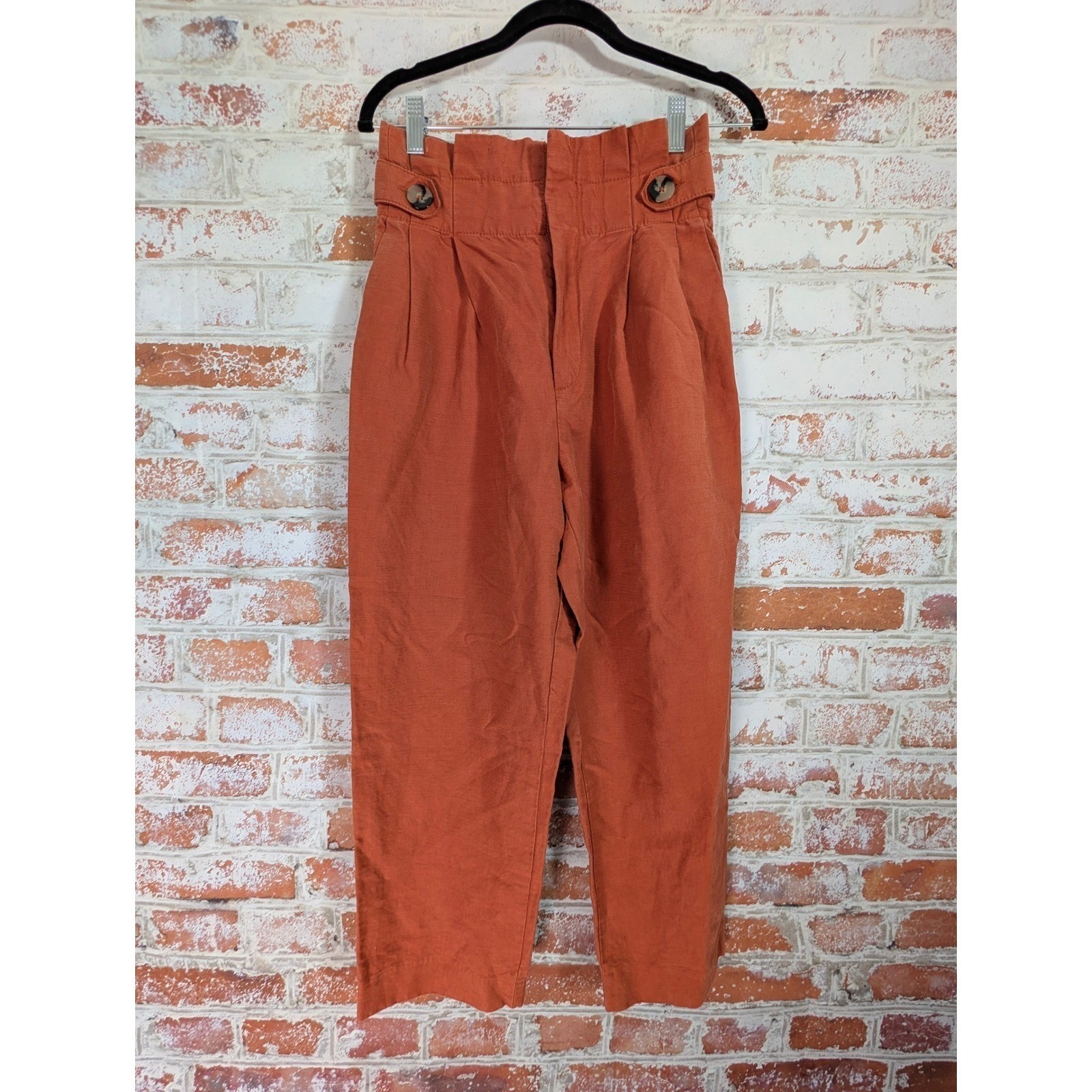 Zara Paperbag Pants Women XS Orange High Waist Pleated Cropped Trousers