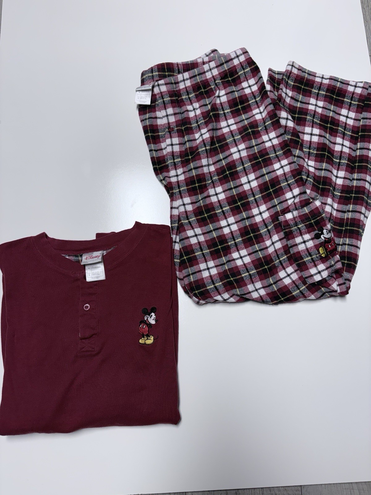Disney Store Mickey unisx L 2pc Burgundy Cotton Flannel Plaid Pajama Set Pockets
