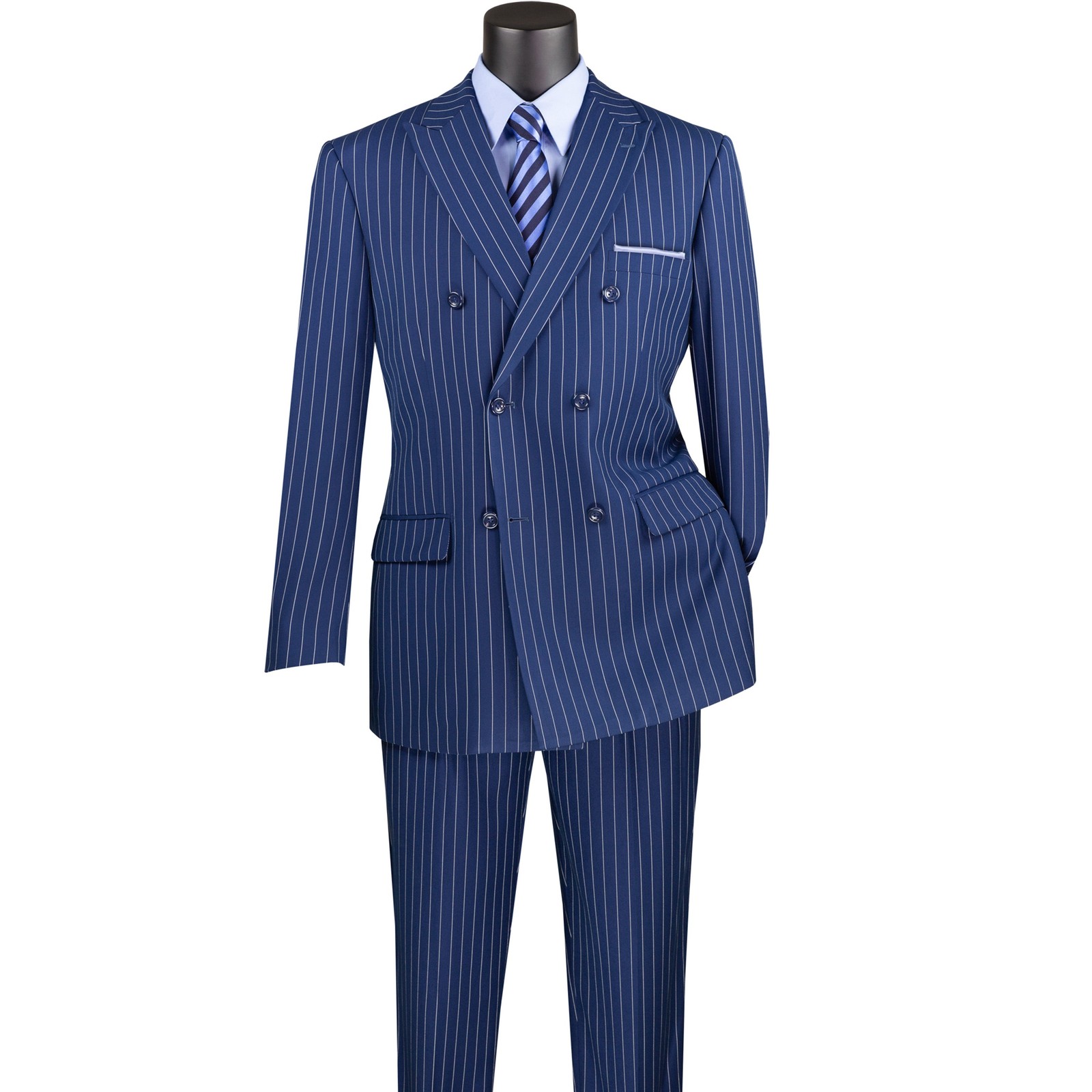 VINCI Men’s Blue Pinstripe Double-Breasted Reg-Fit Suit w/ Adj Waist – NEW