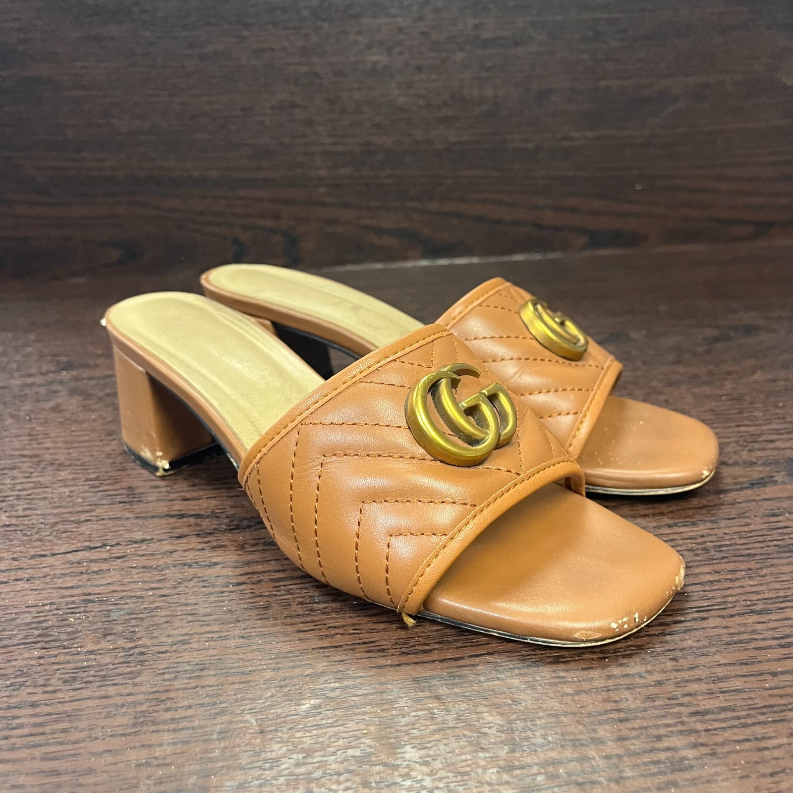 Gucci Women’s Marmont Matelasse Slide Sandals Size 37 Brown Leather Block Heel