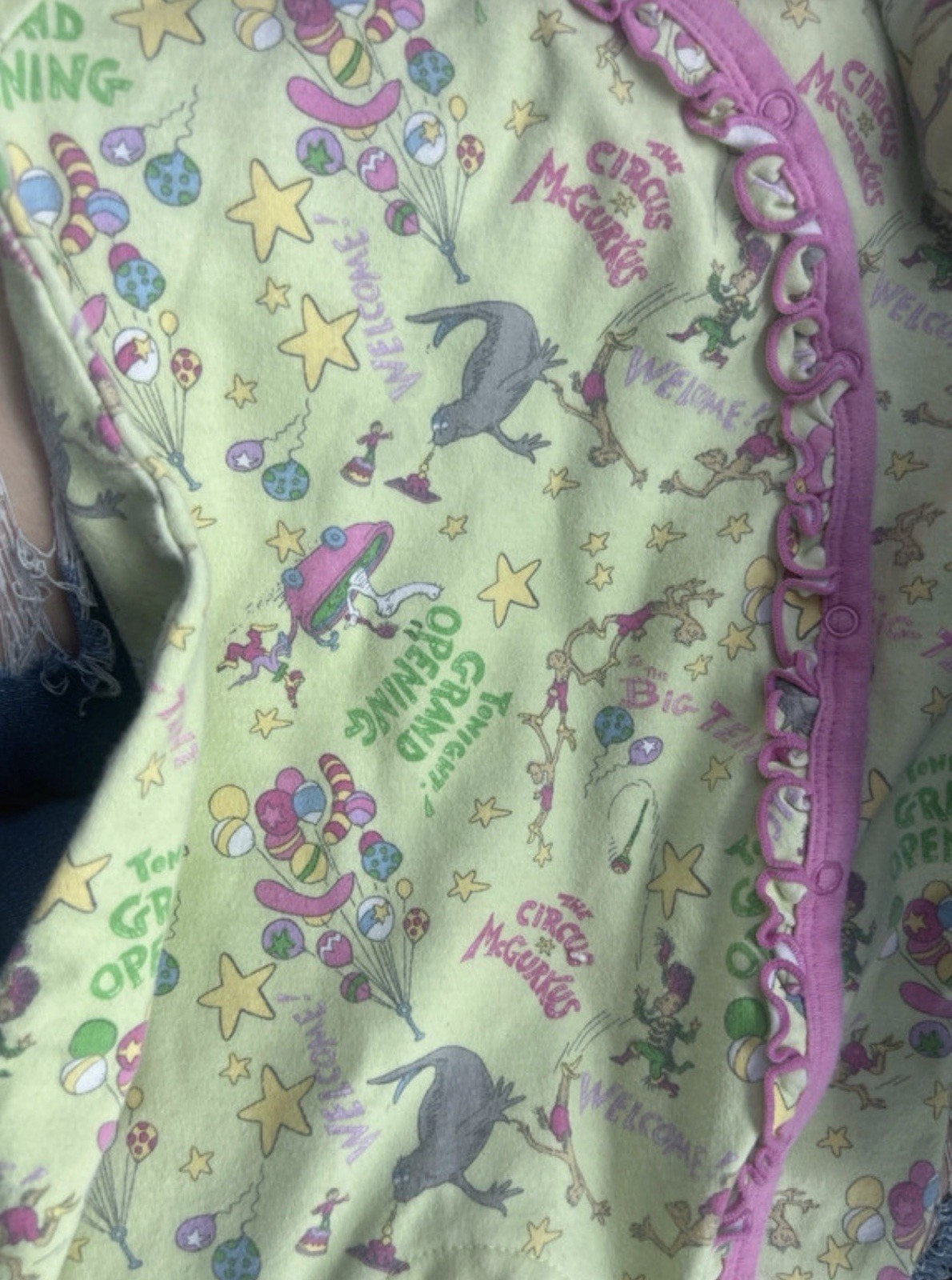 Dr. Seuss 9 Months Green/Pink All-Over Print Cotton Ruffle Snap One-Piece