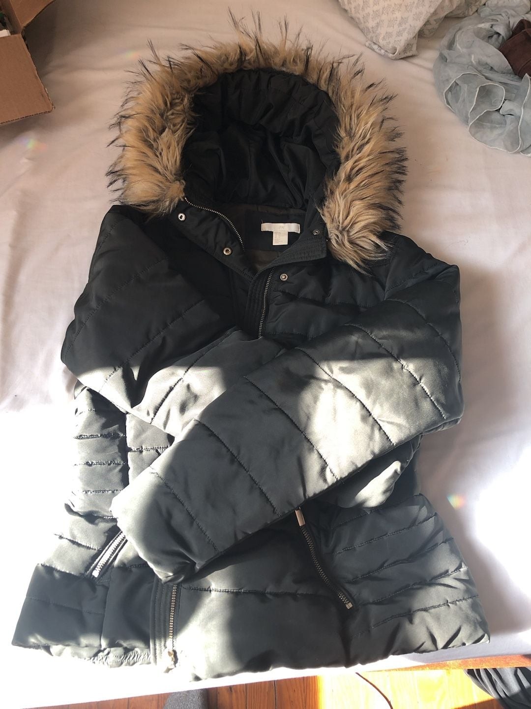 H&M Women’s Black Padded Puffer Jacket with Faux Fur Hood
