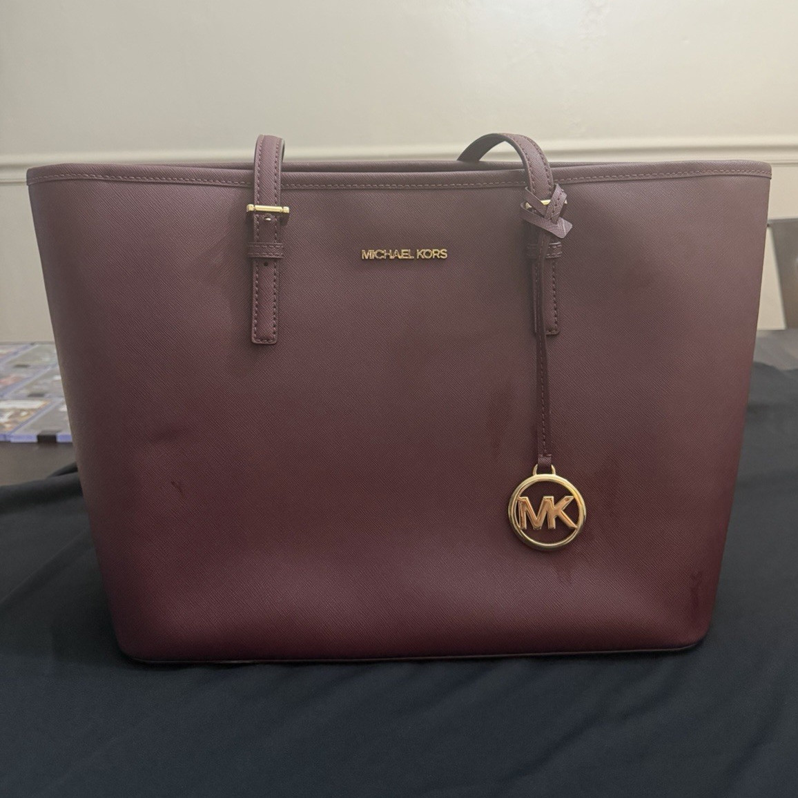 Michael Kors Large Burgundy Tote Saffiano Finish Gold Hardware MK Charm