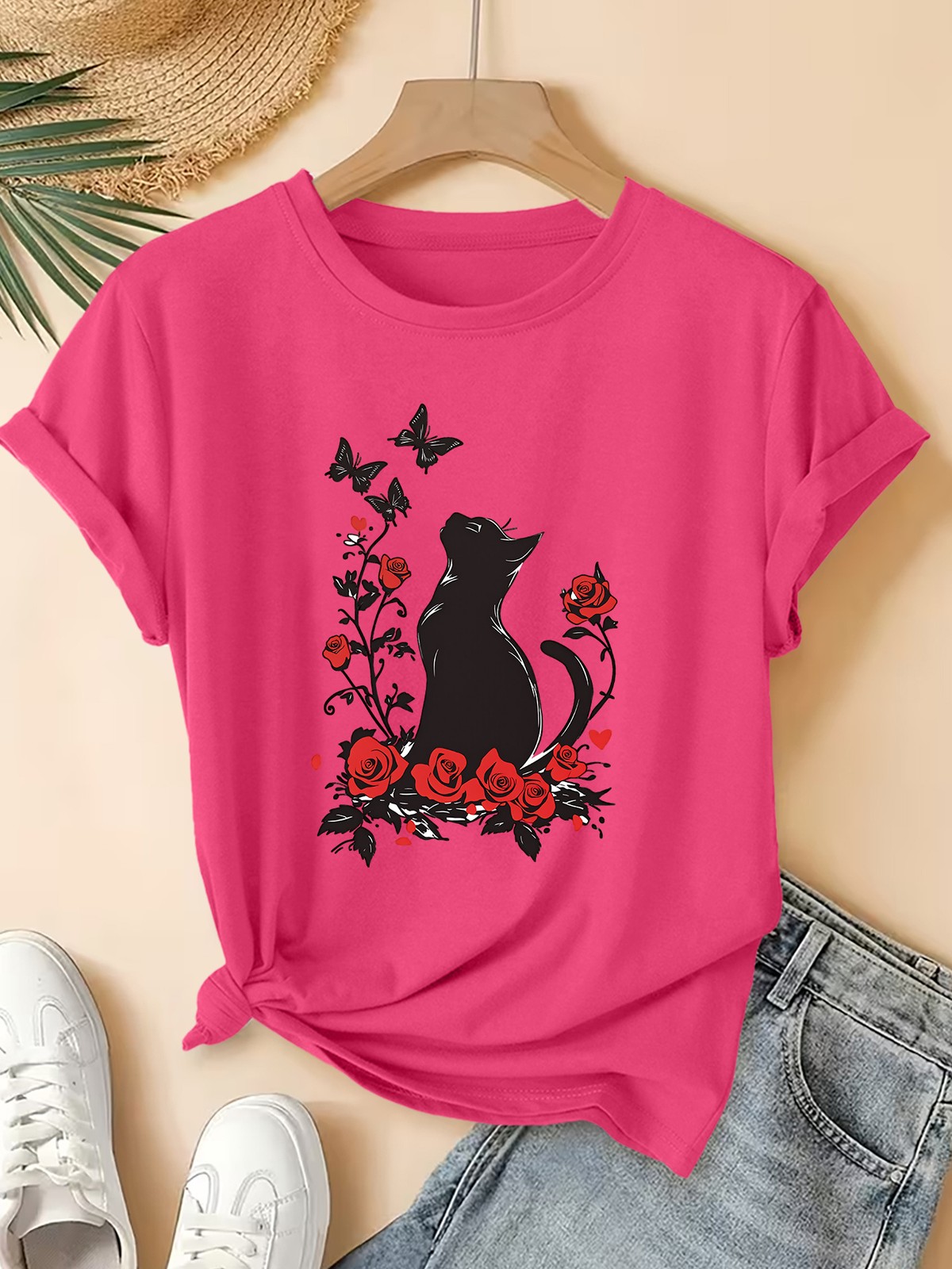 Summer Women’S Round Neck Short Sleeve T-Shirt Cat Butterfly Print Casual Top▧