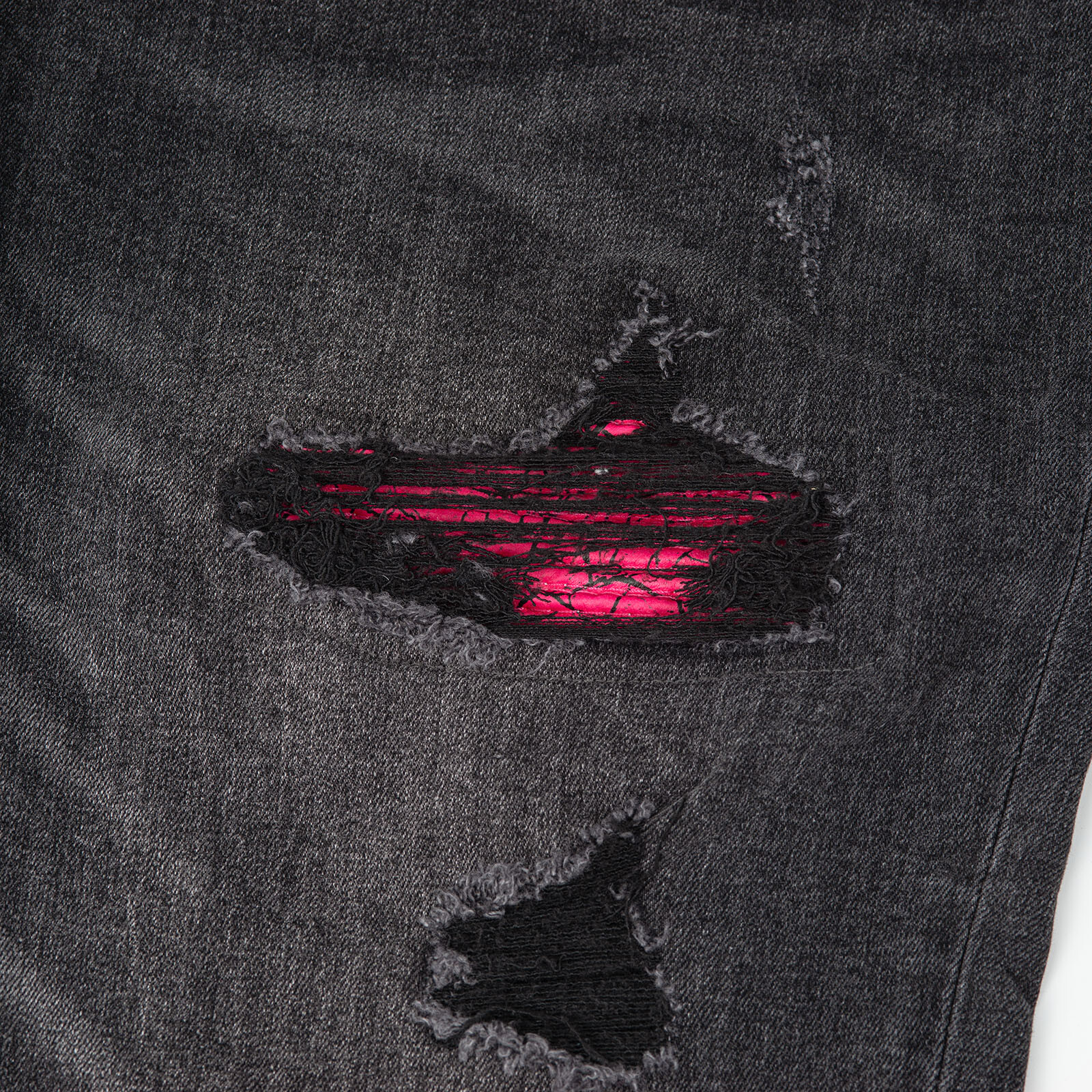 Men’s Black Skinny Stretch Jeans with Pink Patchwork Rips, Raw Hem, Button Waist