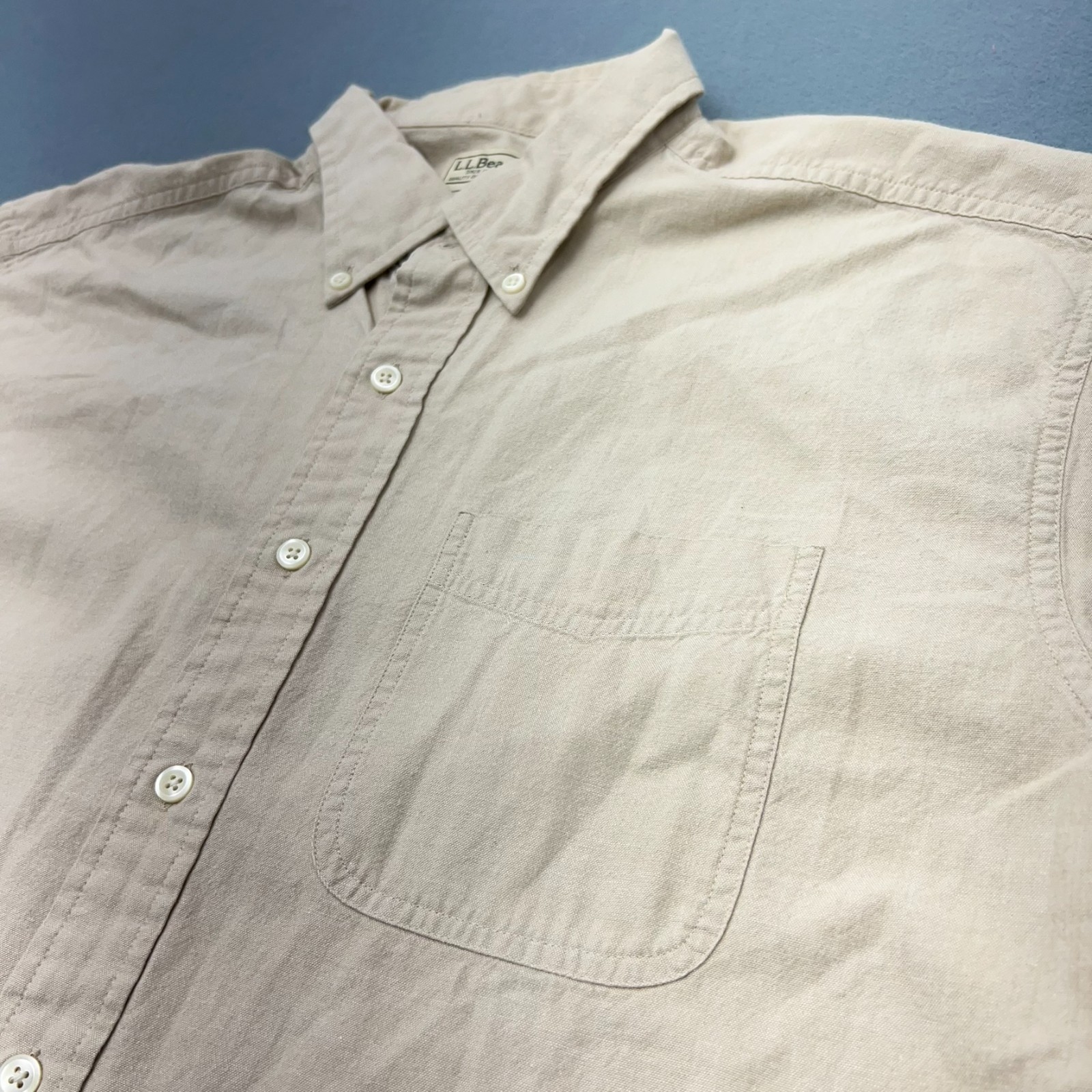 LL Bean Men’s Large Tall (LT) Tan Beige Short Sleeve Button Shirt