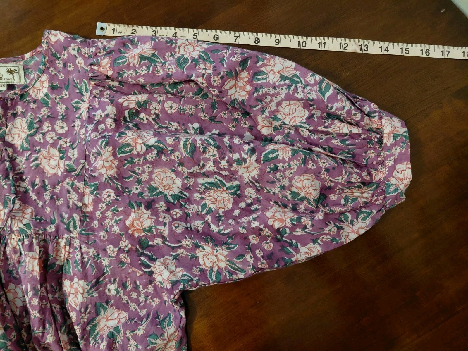 Mille Resort & Travel Purple Floral Puff Sleeve Boho Tie Neck Gauzy Top