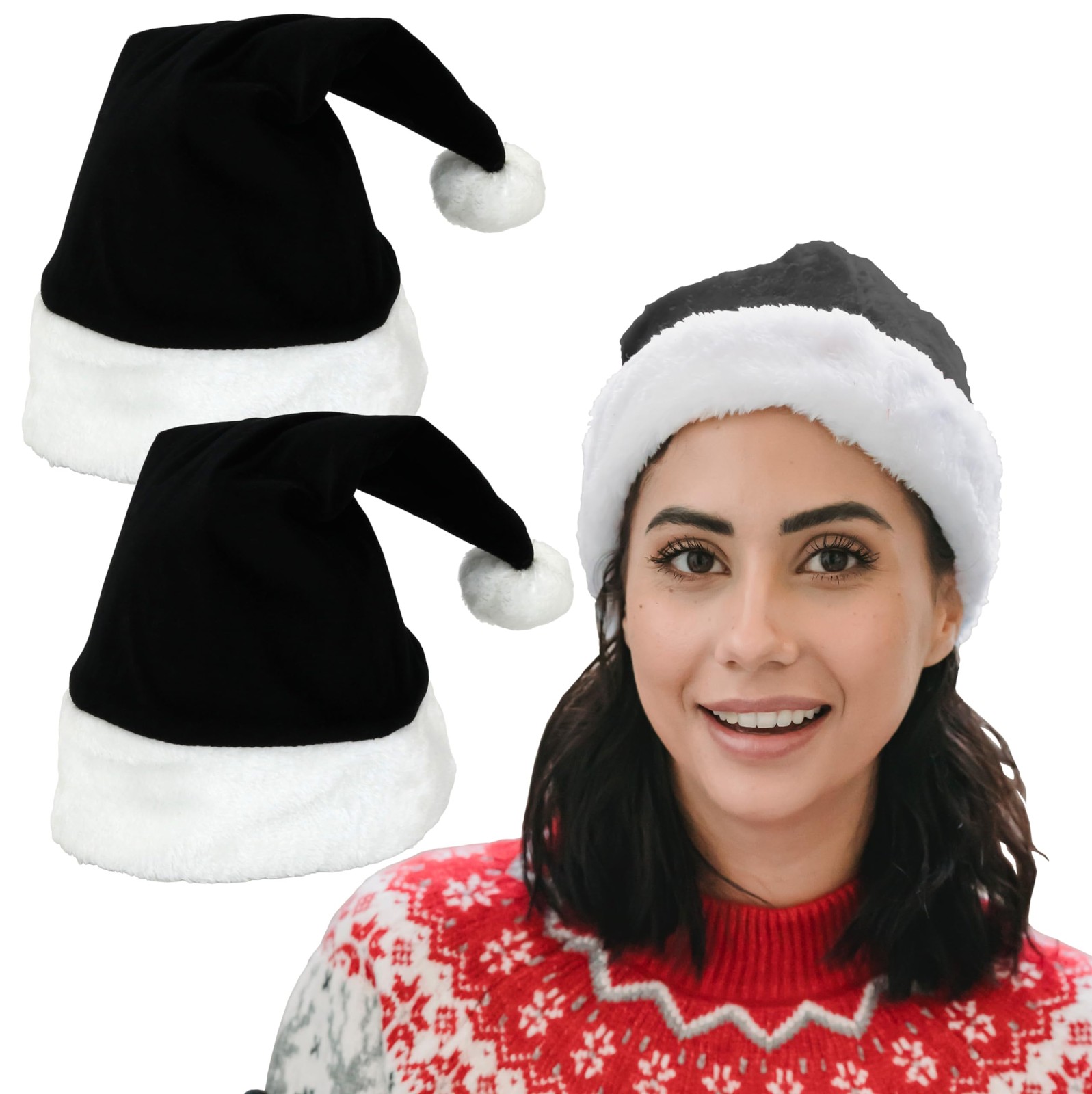 Plush Velvet Santa Hat for Women or Men, Black, 2-Pack