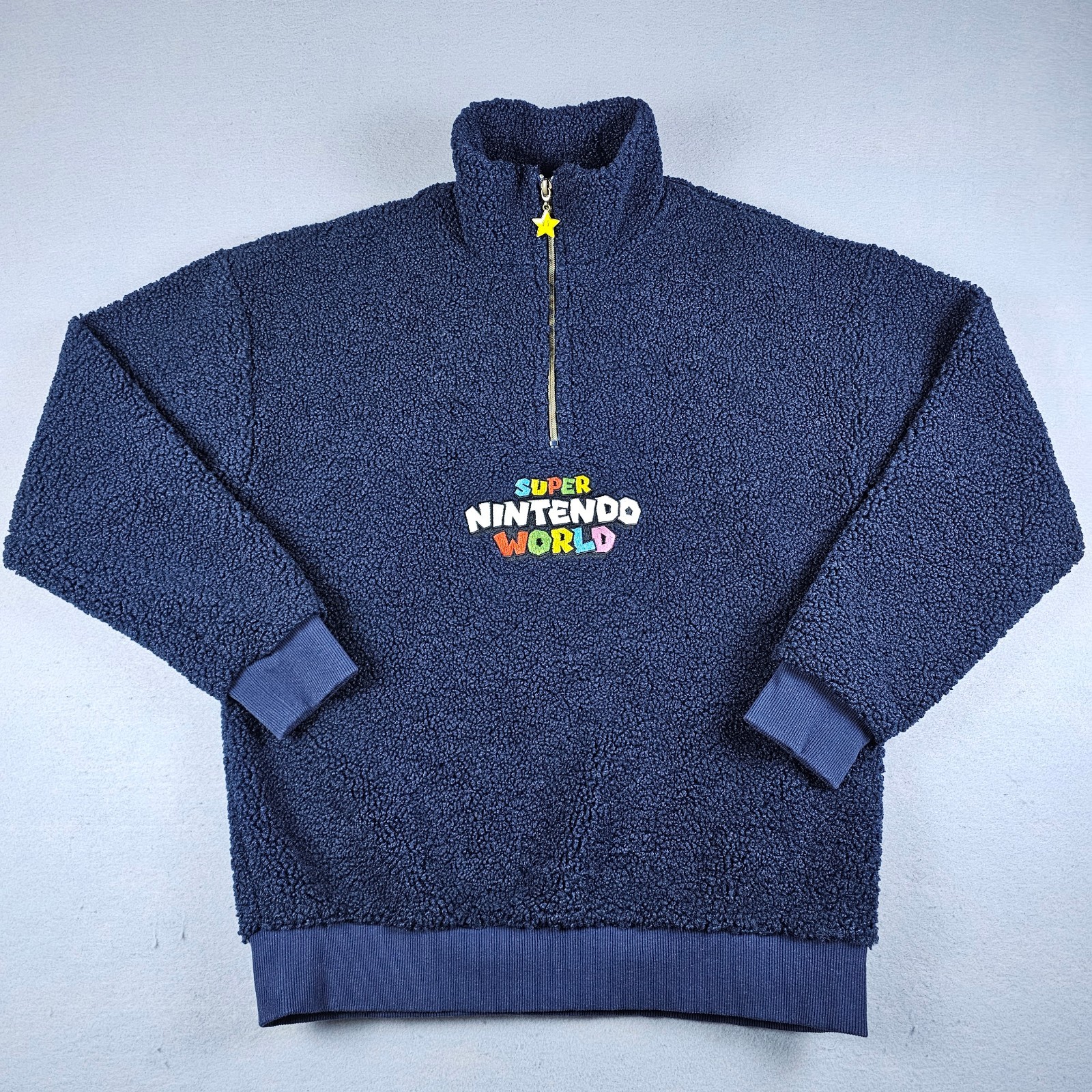 Super Nintendo World Sherpa Fleece Pullover Mens Medium Blue Half Zip Japan