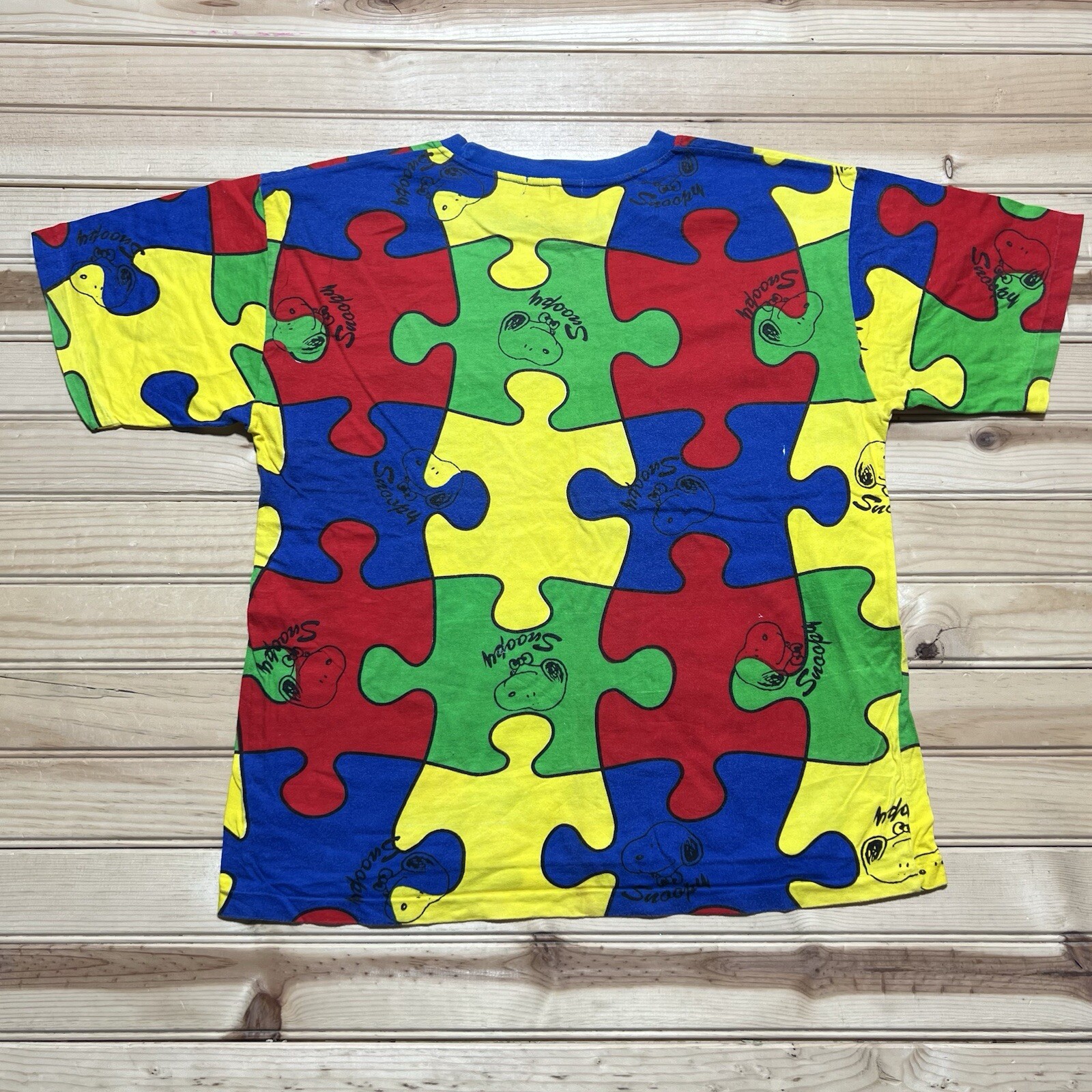 Vintage 80s Snoopy Peanuts AOP Puzzle Multicolor Shirt Size Medium