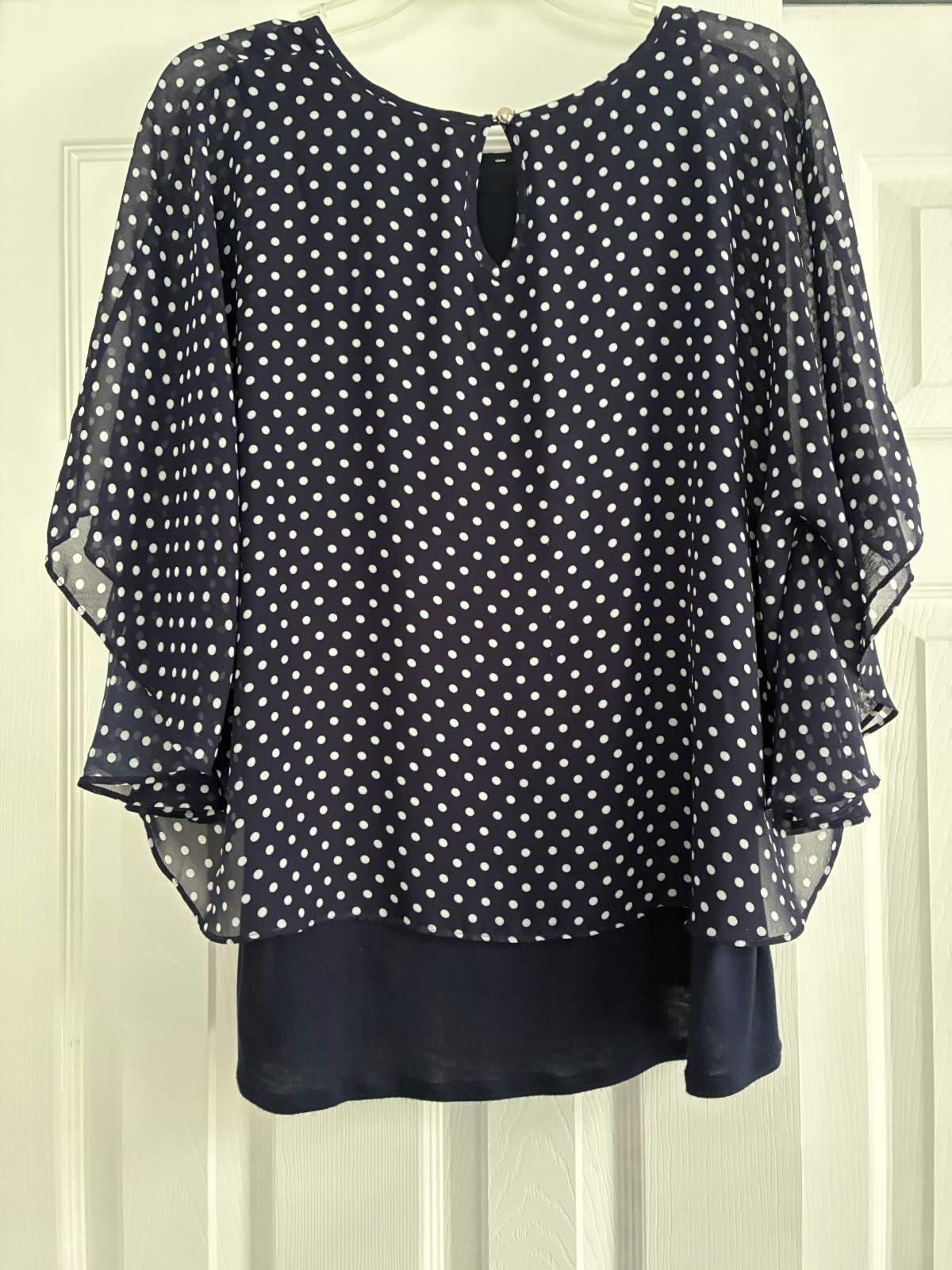 Faith and Joy Navy/White Polka Dot Blouse, Attached Navy Under Blouse=XL