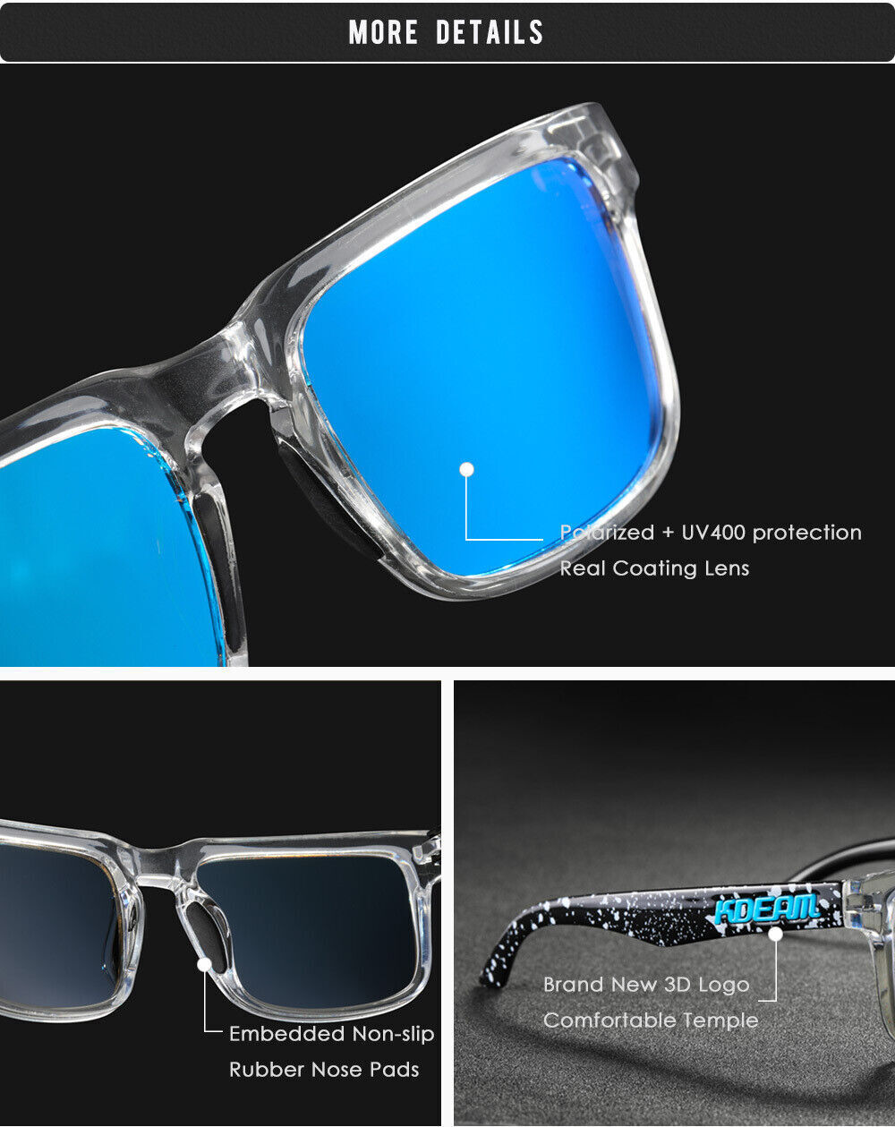 KDEAM Square Polarized Sunglasses Men’s Women Sports Driving UV400 Shade Glasses