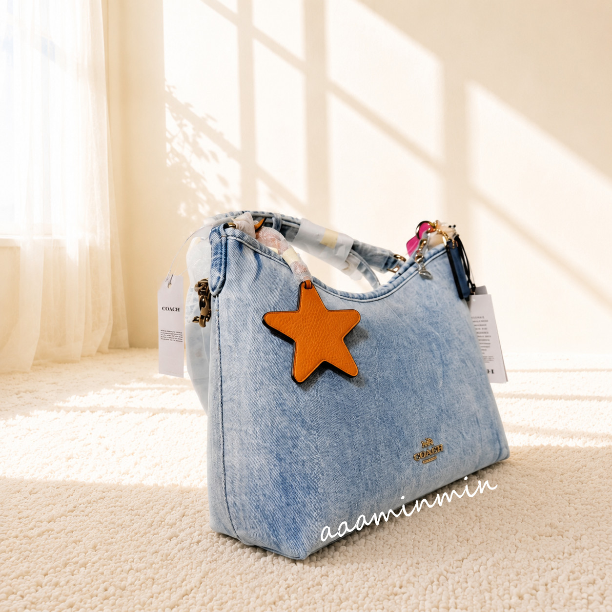 NWT Coach Laurel Shoulder Bag In Loved Denim With Charms CEF26