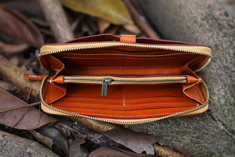 Leather Long Wallet Carved Hand Tooled Zip Around Clutch Purse +Amulet Pendant