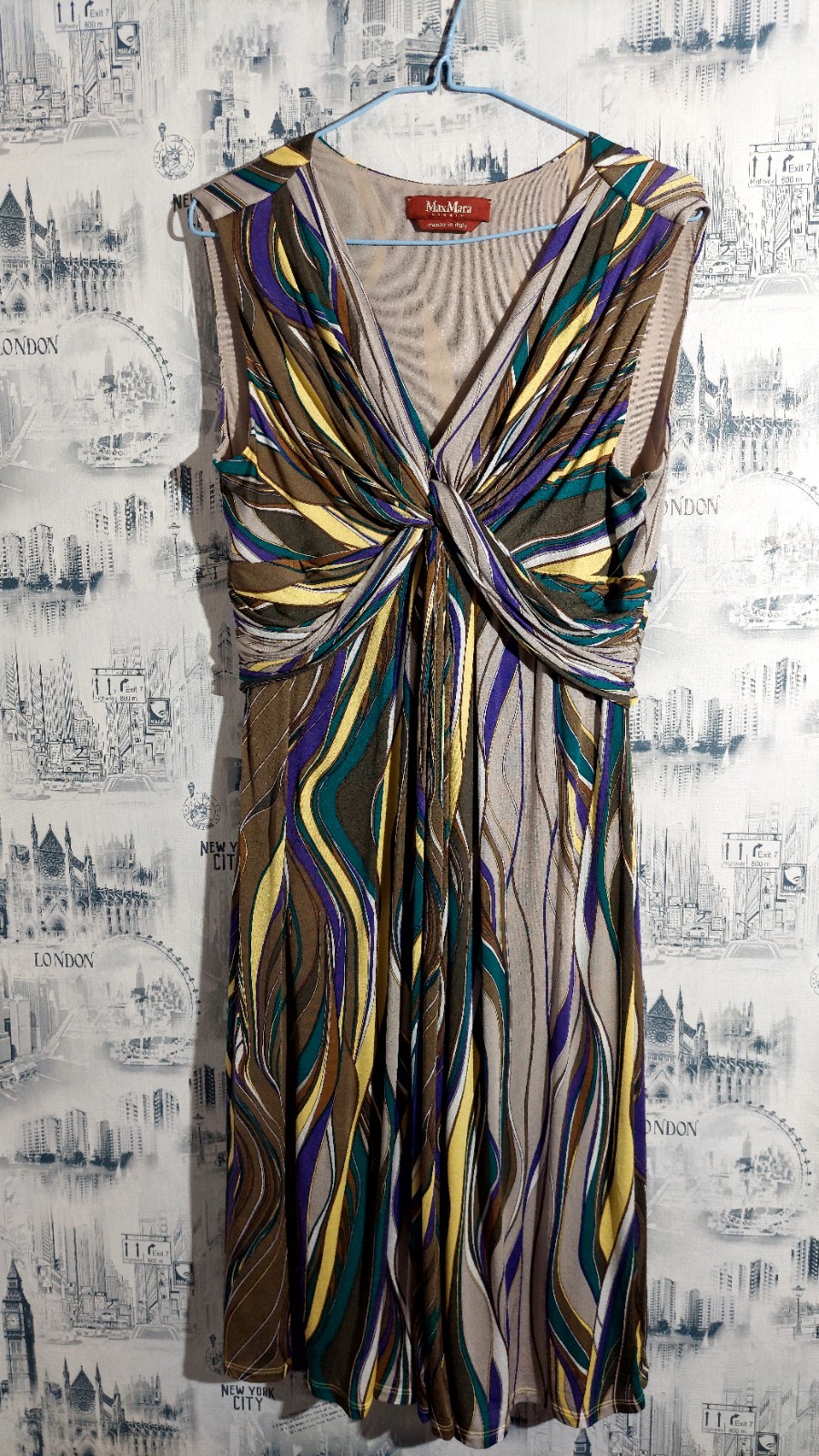 ​Max Mara Studio Vacillo Knotted Dress XL Abstract Swirl V-Neck Sleeveless Knee