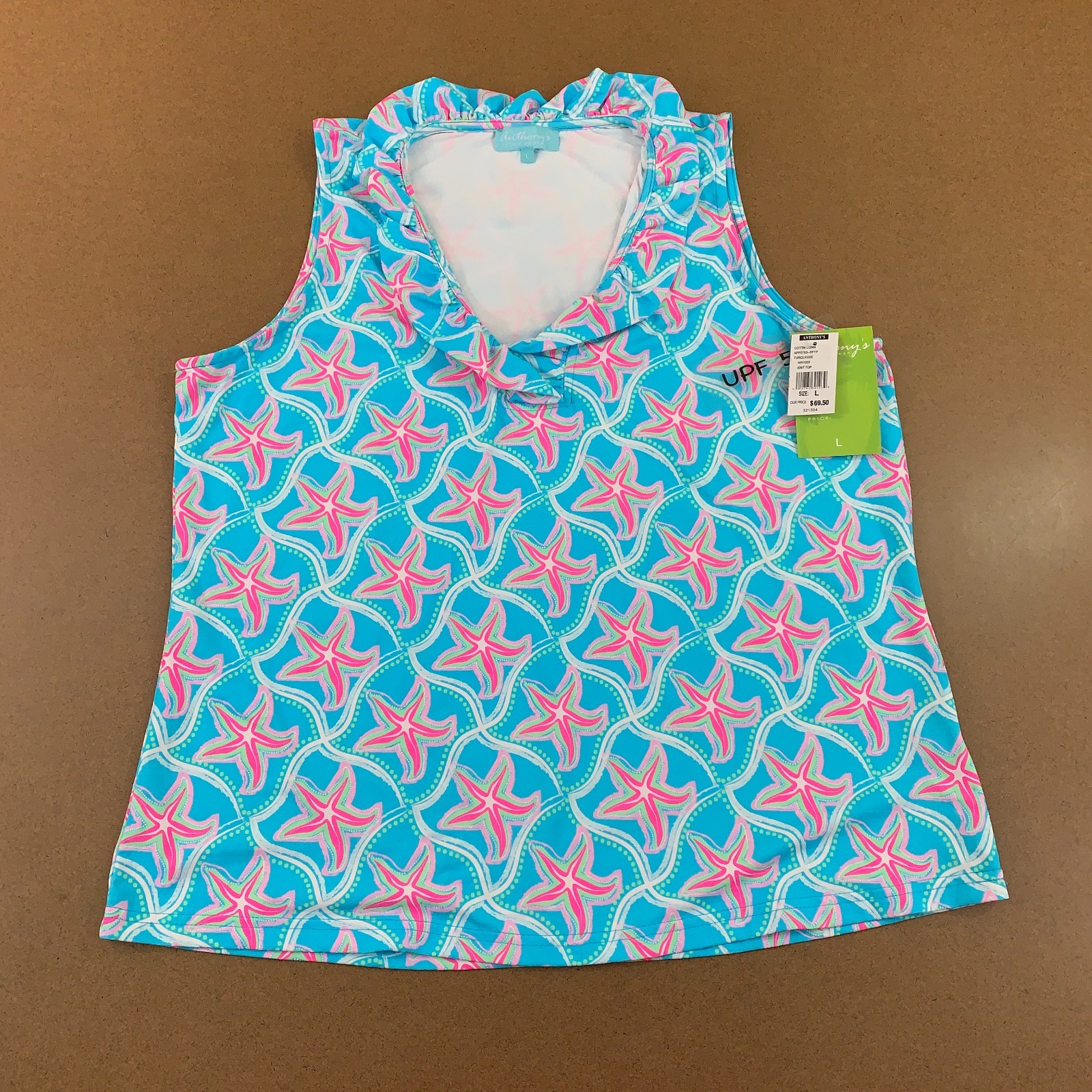 Anthony’s Womens Large Blue Starfish Ruffled V Neck Sleeveless Top NWT *Flaw