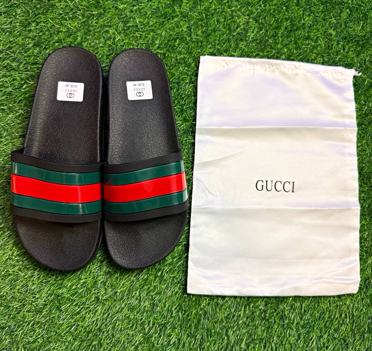 Gucci Men’s Web Stripe Logo Slide Sandals Rubber Black/Green/Red US 12